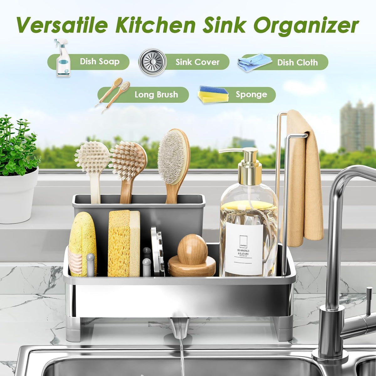 Stainless Steel Sink Caddy, Sponge Holder for Kitchen Sink with Brush Holder & Dishcloth Rack