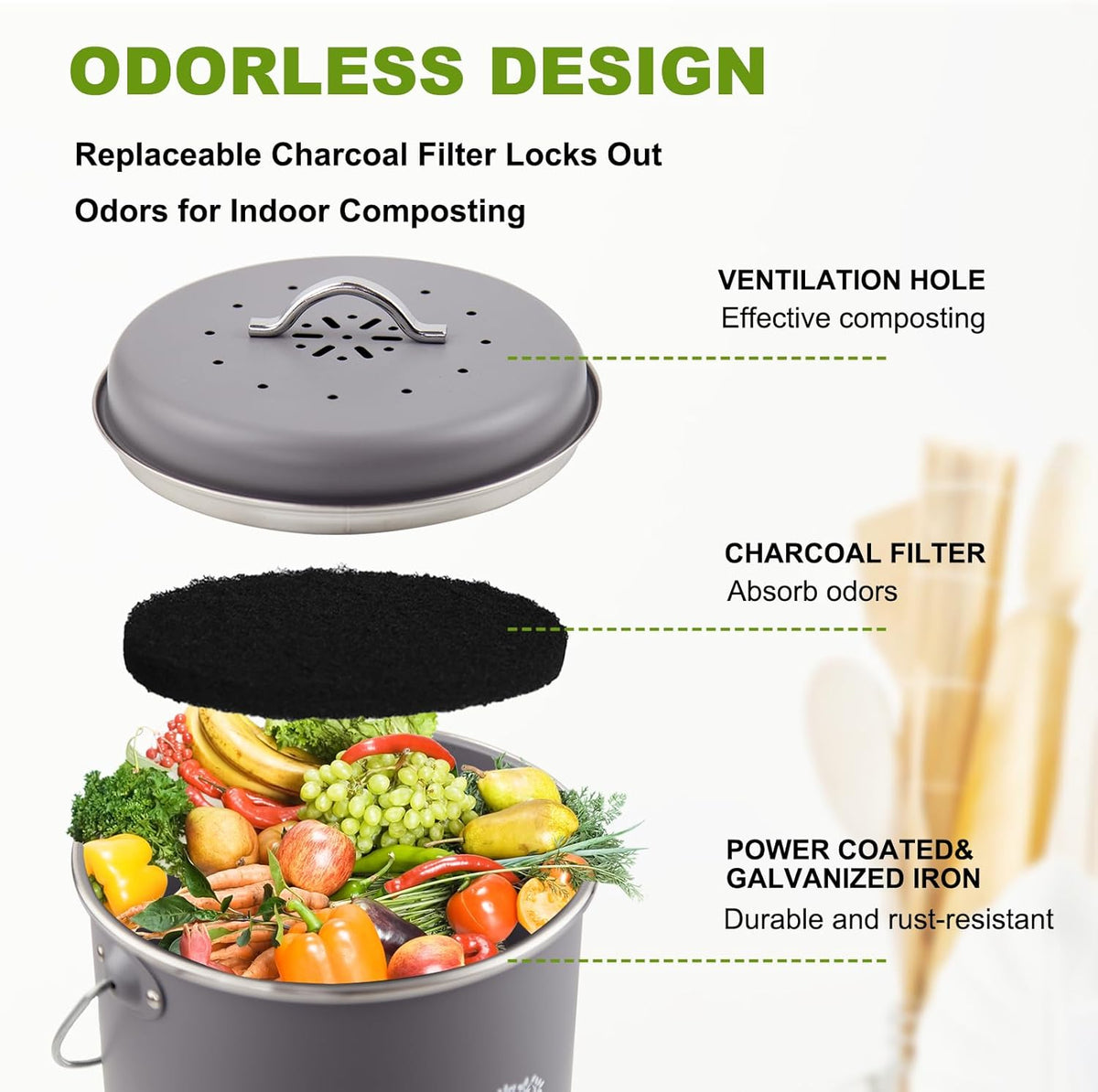 Kitchen Countertop Compost Bin, Odor Resistant Indoor Compost Bin with Lid and Charcoal Filter