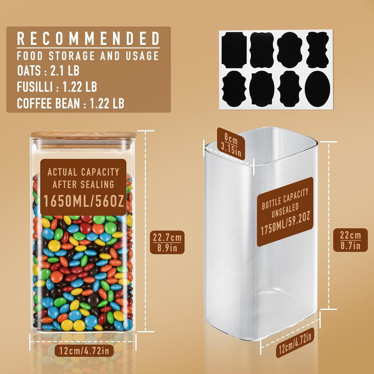 56oz Rectangle Airtight Glass Storage Containers with Bamboo Lids (Set of 3), Square Food Storage