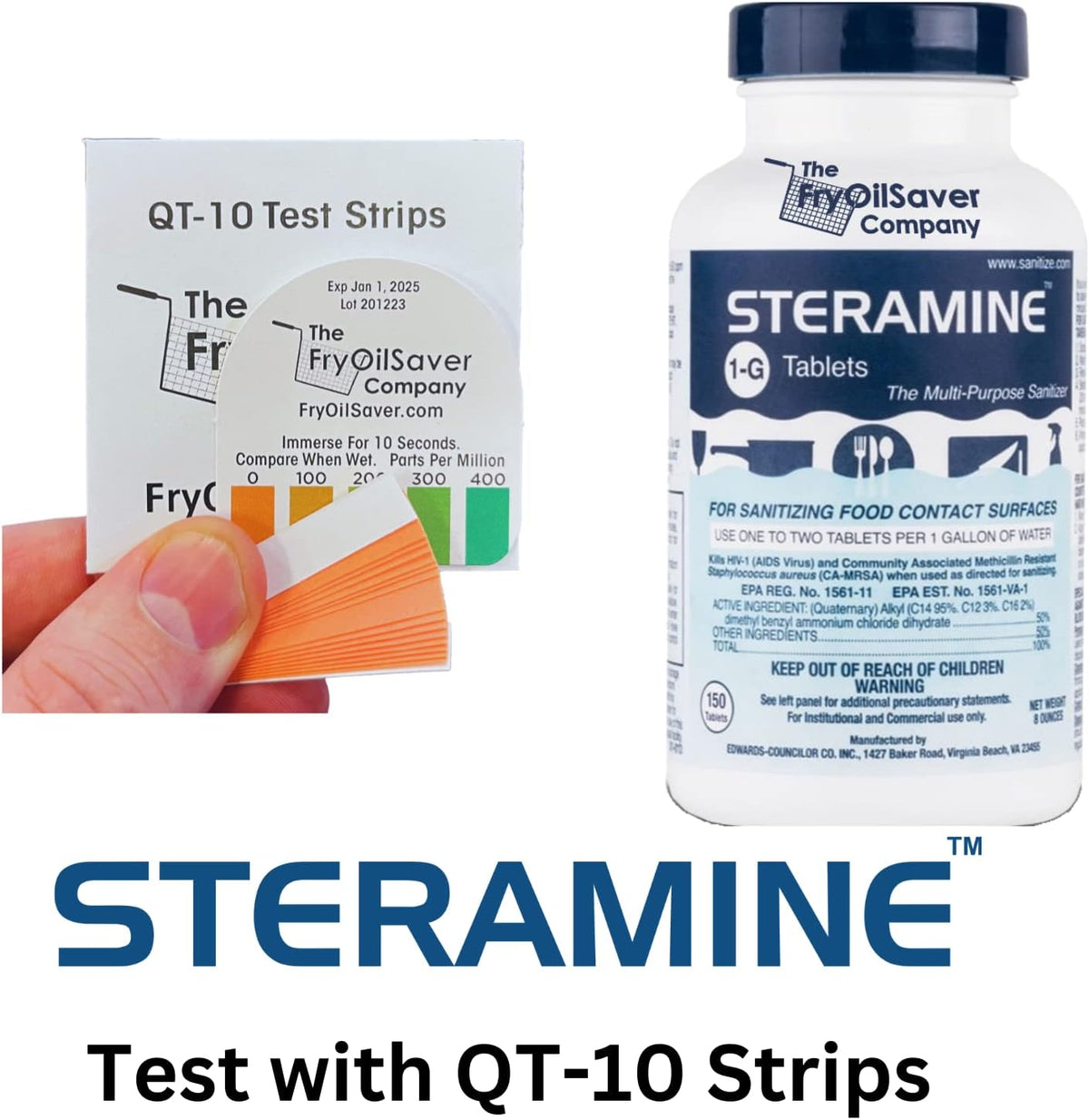 1 Bottle Steramine Sanitizer Tablets w/15x QT-10 Test Strips - Multi Purpose Steramine Sanitizing