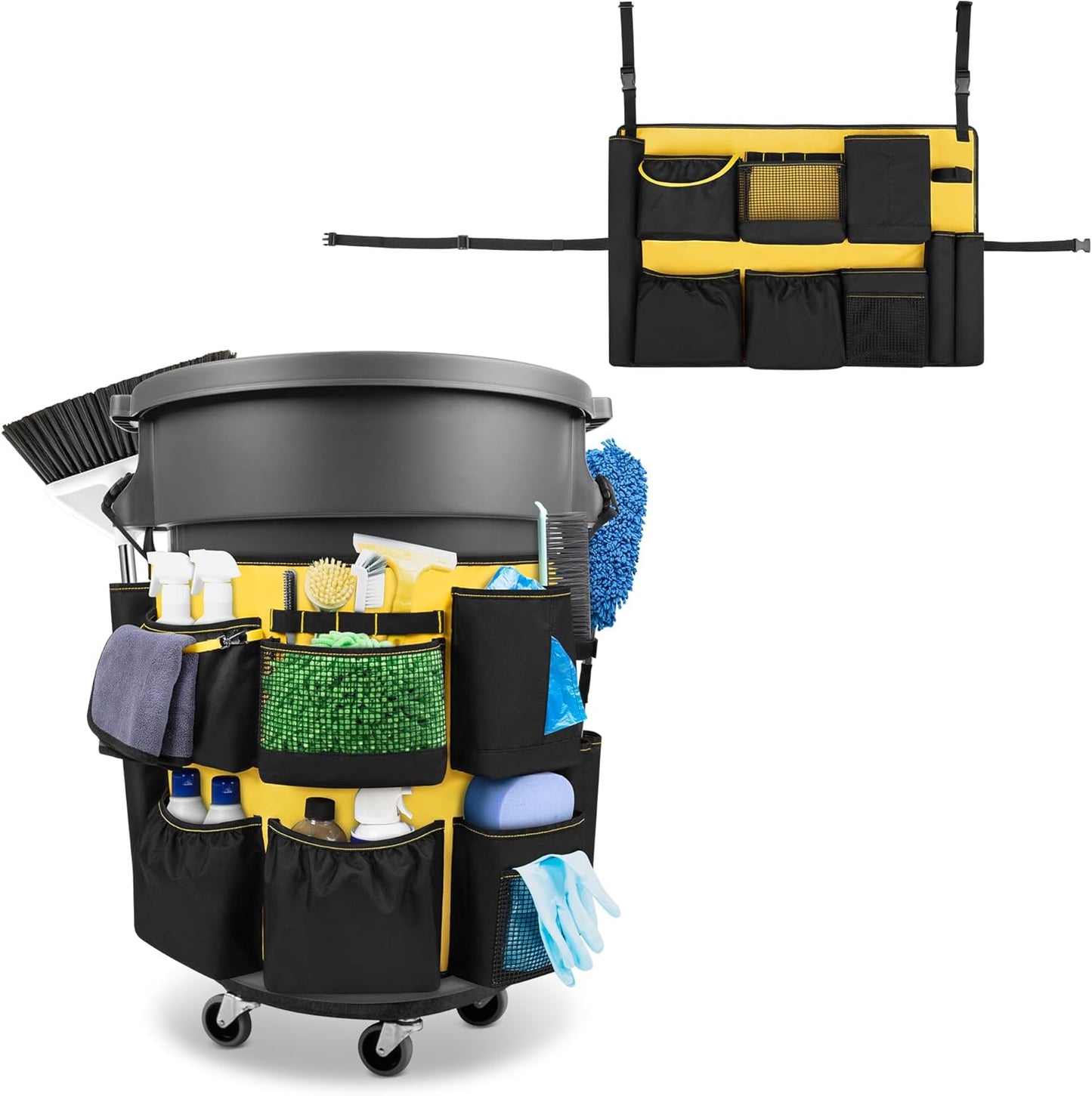 32-55 Gallon Trash Can Caddy Bag, Garbage Bin Apron Caddy with Multiple Pockets for Cleaning