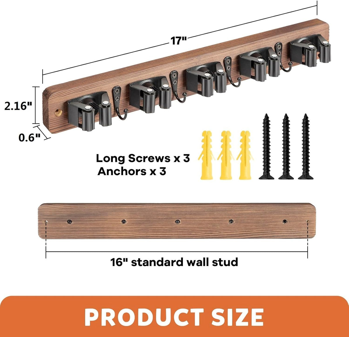 IMILLET Broom Holder Wall Mount, Rustic Wood Broom Hanger with 5 Racks and 4 Hooks, Laundry Room