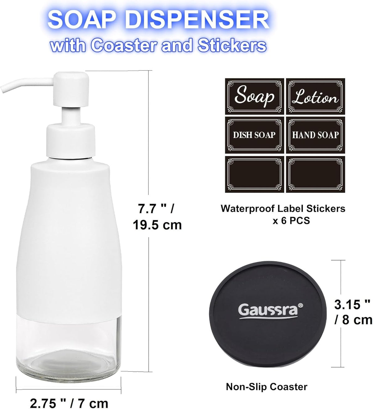 Gaussra White Soap Dispenser with Coaster and Stickers, Stainless Steel and Glass Bottle Hand Pump