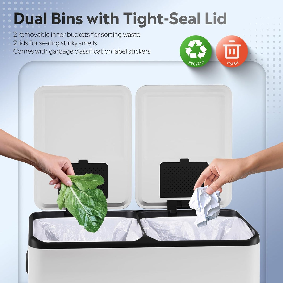 WLIVE Dual Trash Can, 2 x 8 Gallon (2 x 30 L), Step Trash Can with Lid with Inner Buckets, 2