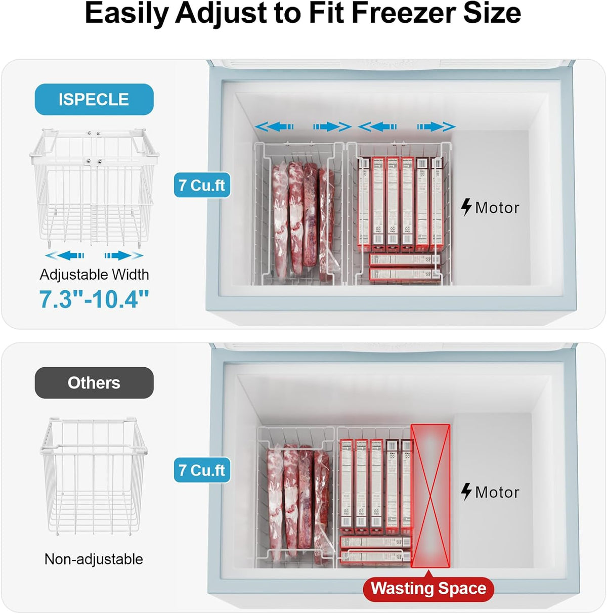 iSPECLE Chest Freezer Organizer Bins - 6 Pack Large Adjustable Freezer Organizer Bins for 5 to 9