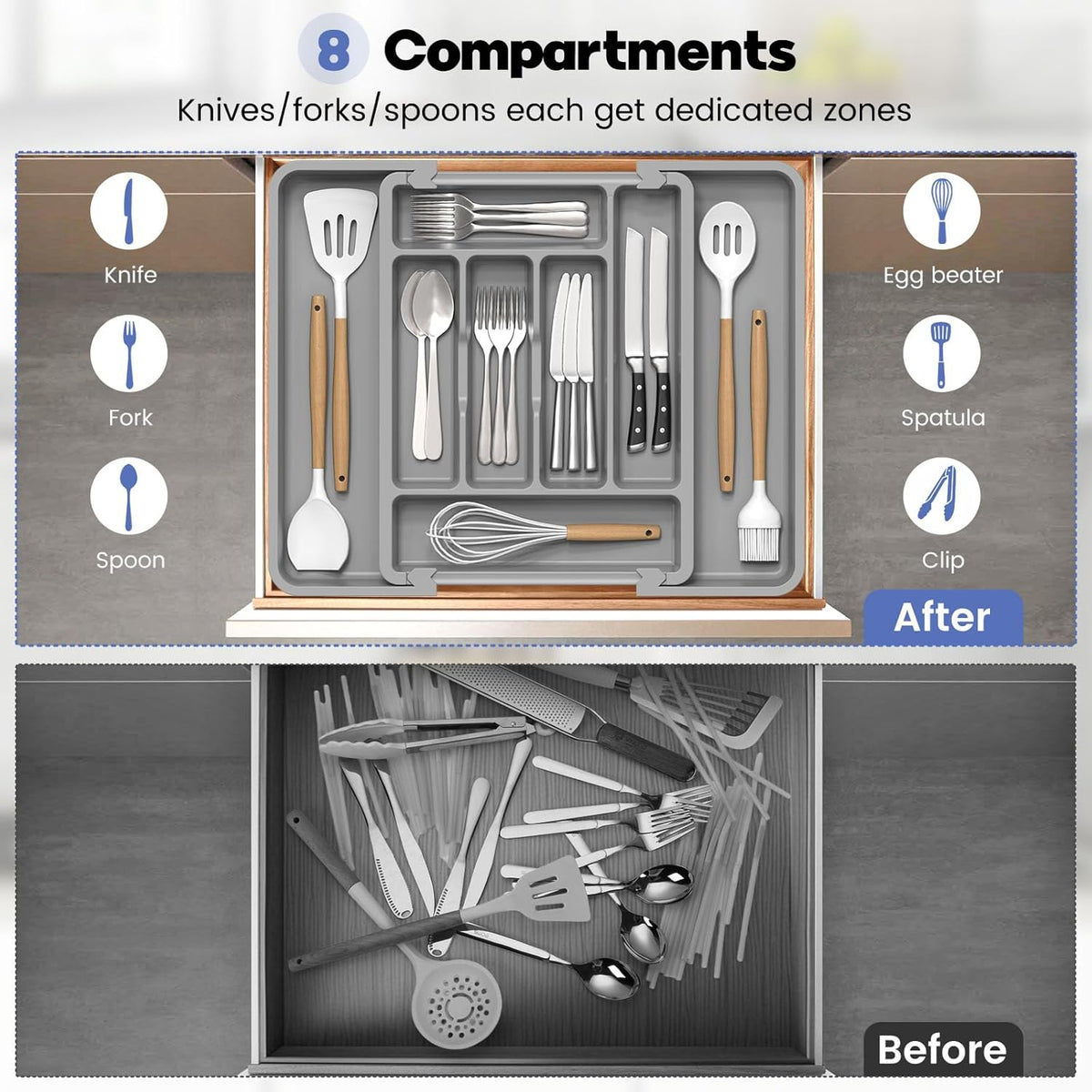 Caperci Large Silverware Organizer for Kitchen Drawer & Utensils - Expandable Drawer Organizer for