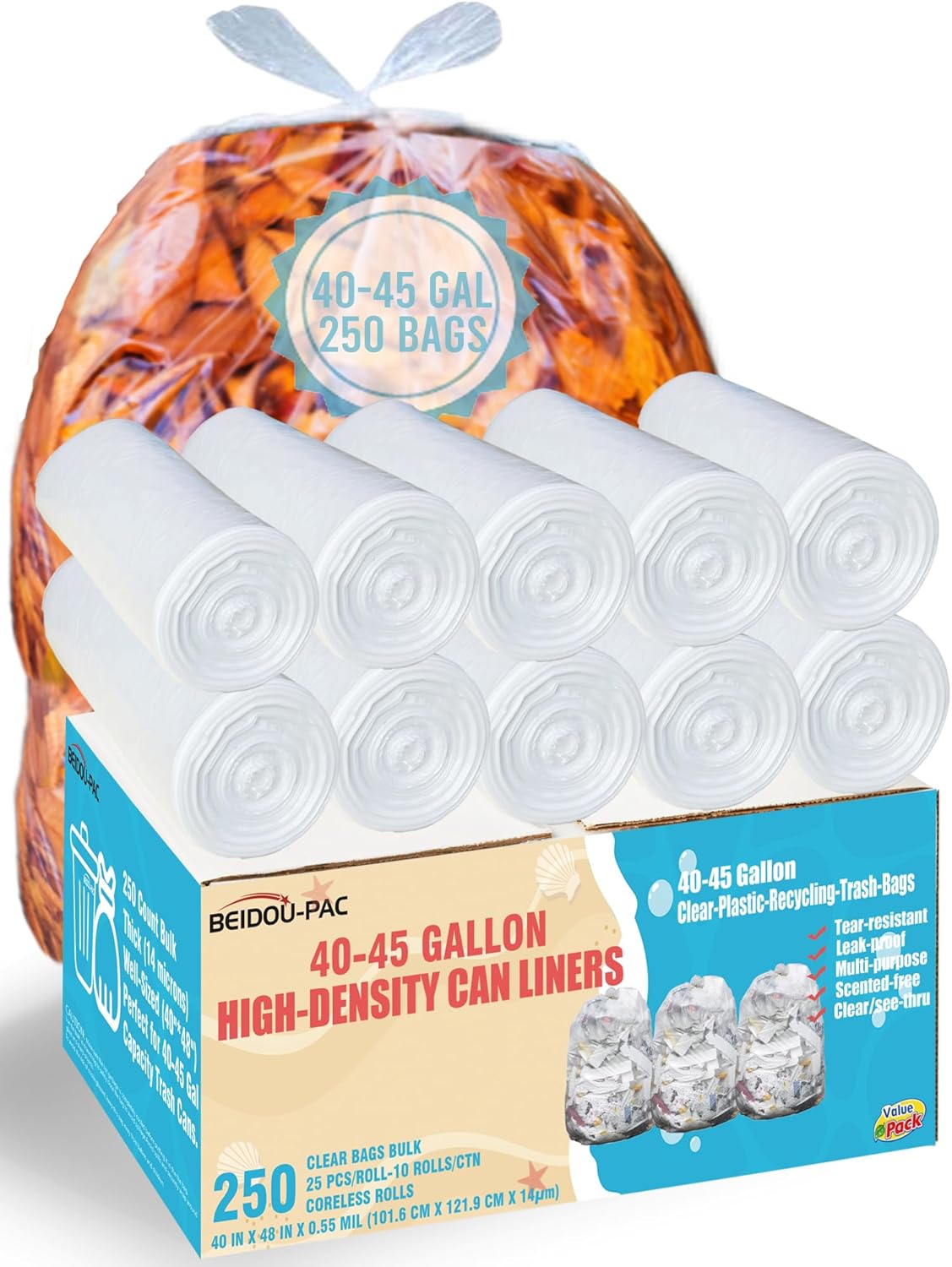 40-45 Gallon Trash Bags, 250 Count Bulk, Heavy Duty Clear Plastic Recycling Garbage Bags