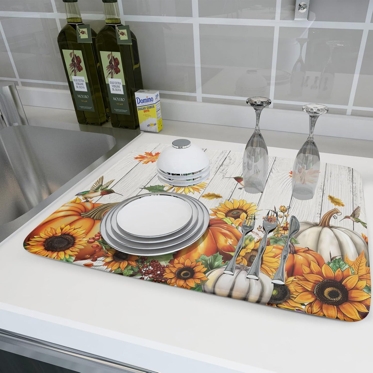 Autumn Harvest Pumpkin Dish Drying Mat for Kitchen Counter Sunflower Maple Leaves Fall Dish Drying