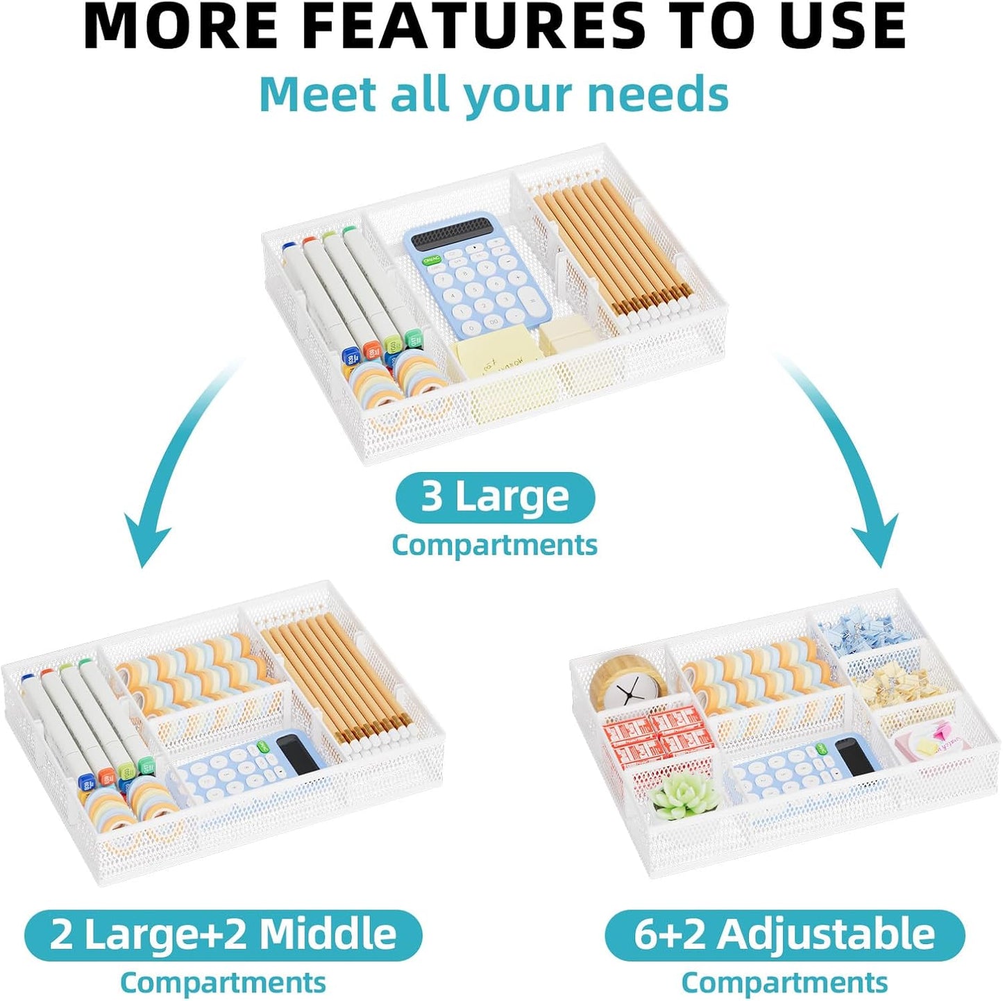 Marbrasse 2 Pack Desk Drawer Organizer, Mesh Drawer Organizer Tray with 8 Adjustable Compartments