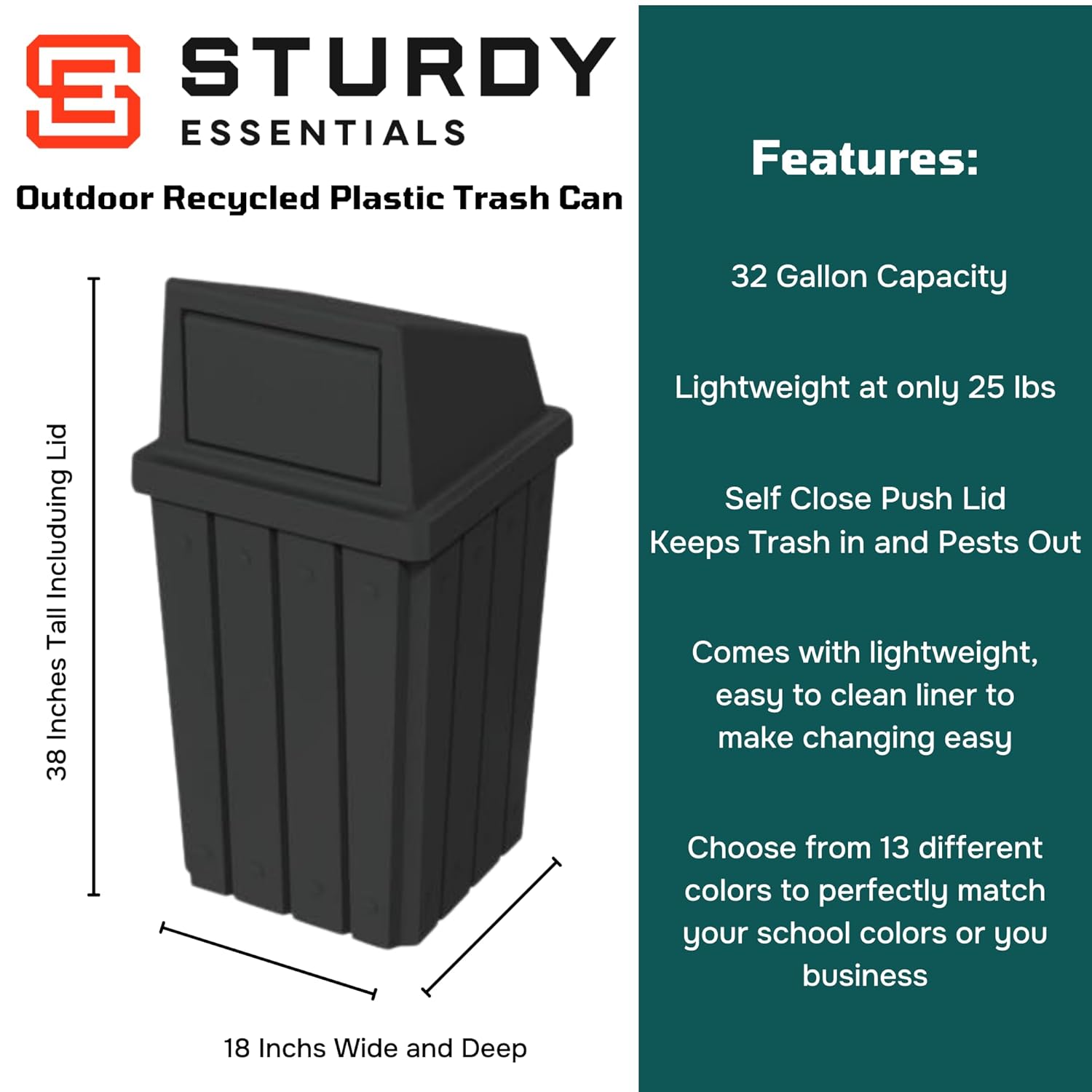 32 Gallon Square Slatted 100% Recycled Plastic Heavy-Duty Commercial Outdoor or Indoor Trash Can