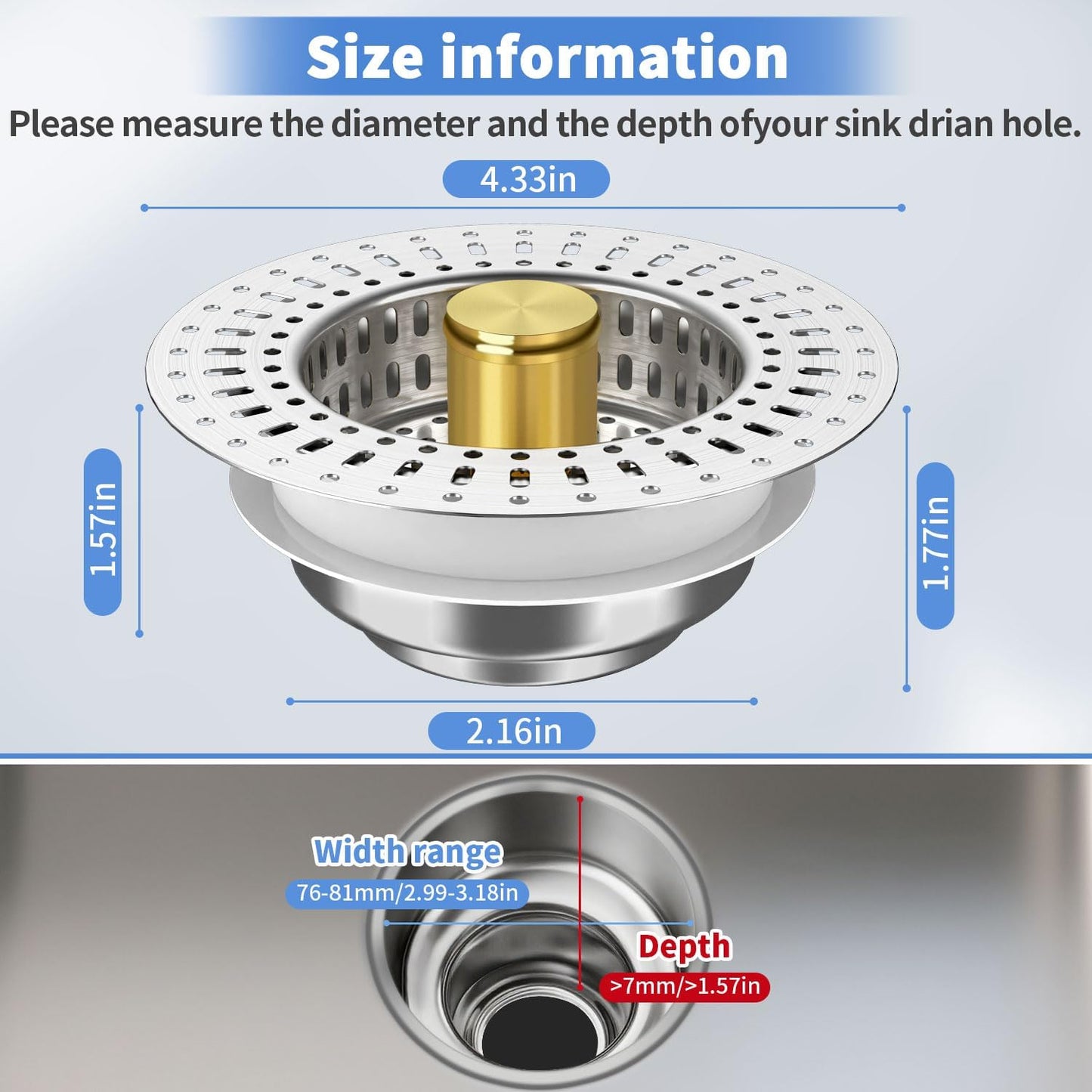 Upgraded 3 in 1 Kitchen Sink Drain Strainer - Stainless Steel Sink Stopper, Anti-Clogging Sink Food