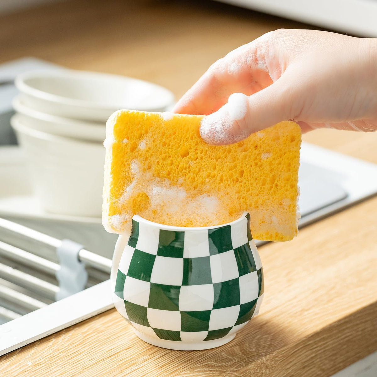 Kitchen Sponge Holder, Ceramic Sponge Organizer Checkered Scrubby Holder Sink Caddy Scrub Dish Rack