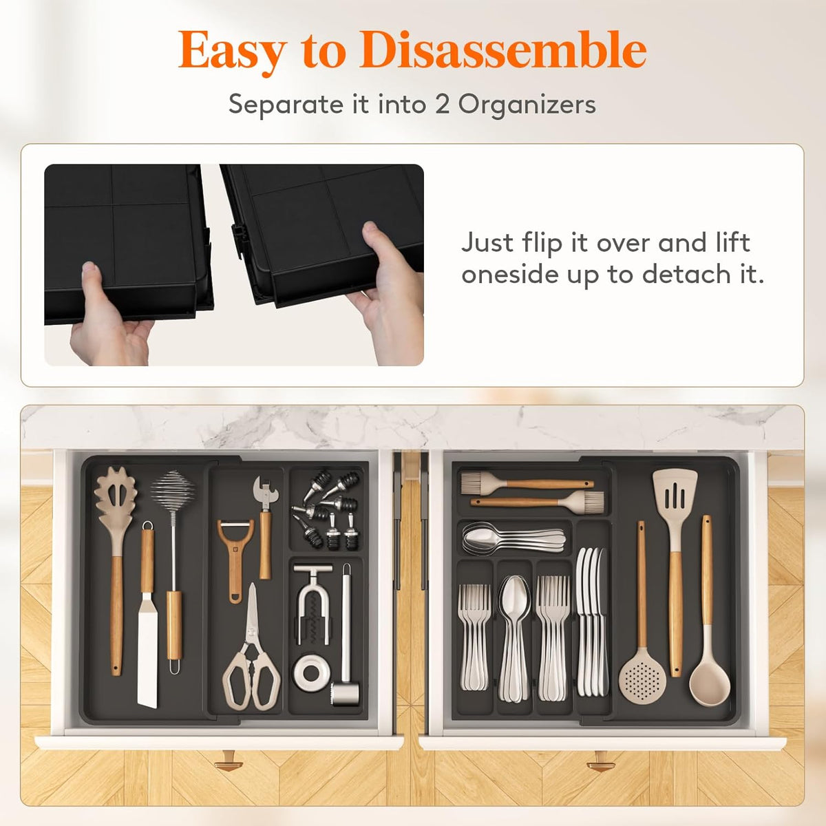 Lifewit Large Silverware Drawer Organizer, Plastic Cooking Utensil Tray for Kitchen, Expandable
