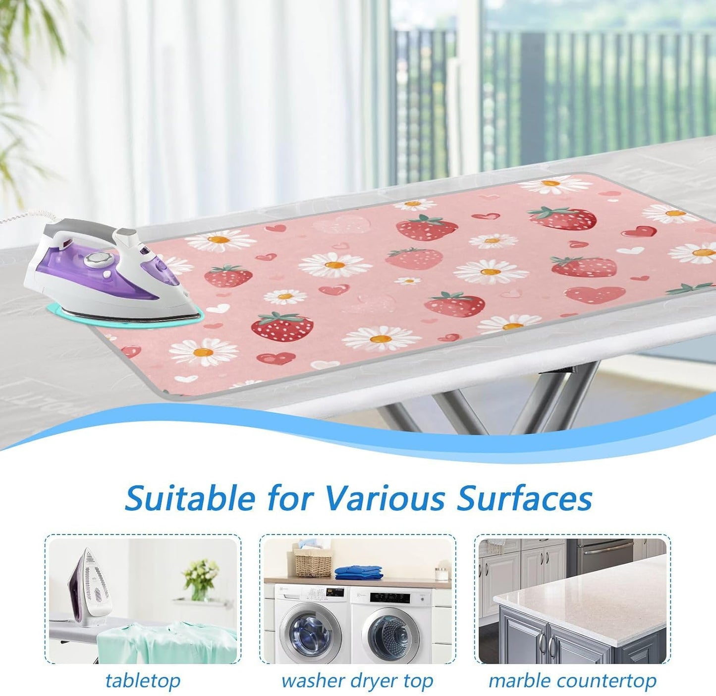 Pink Floral Strawberry Hearts Ironing Mat for Table top Portable Ironing Pad Blanket for Washer