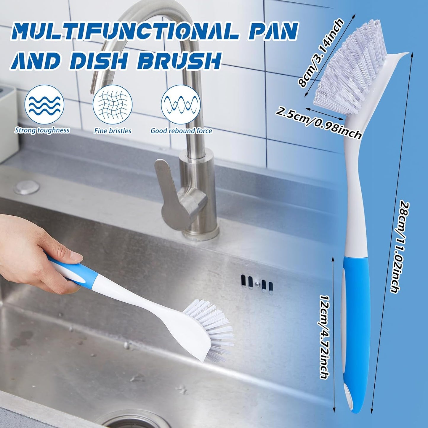 Hsei 10 Pcs Blue Kitchen Scrub Dish Brush Bulk with 11 Inch Anti Slip Handle Cleaning Dish Scrubber