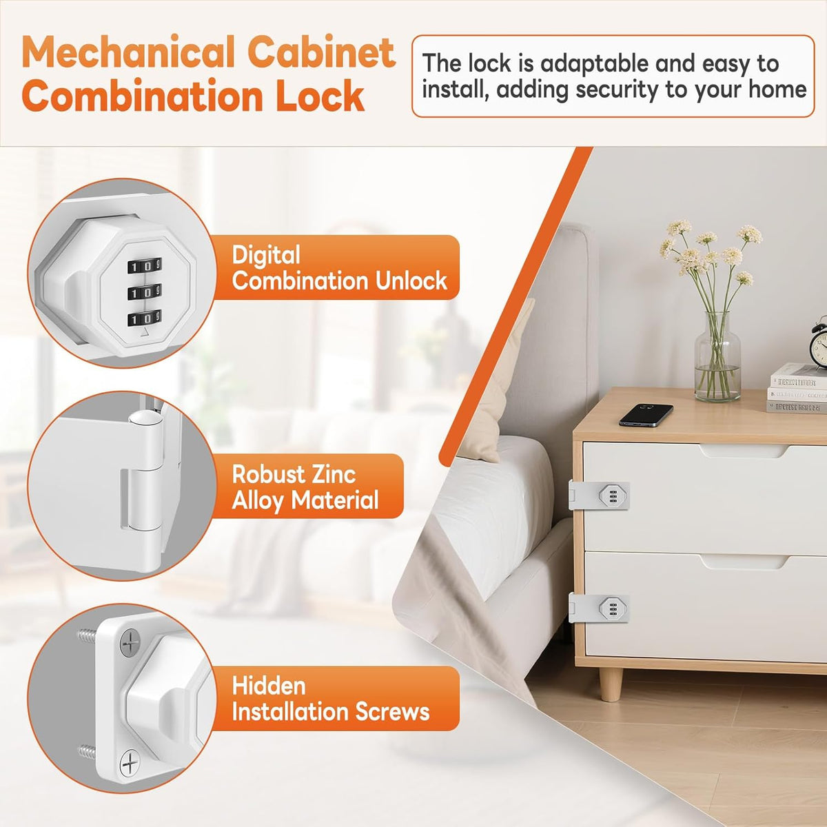 90 Degree 3-Digit Combination Cabinet Lock, Zinc Alloy Keyless Folding Hasp Lock Latch, Password