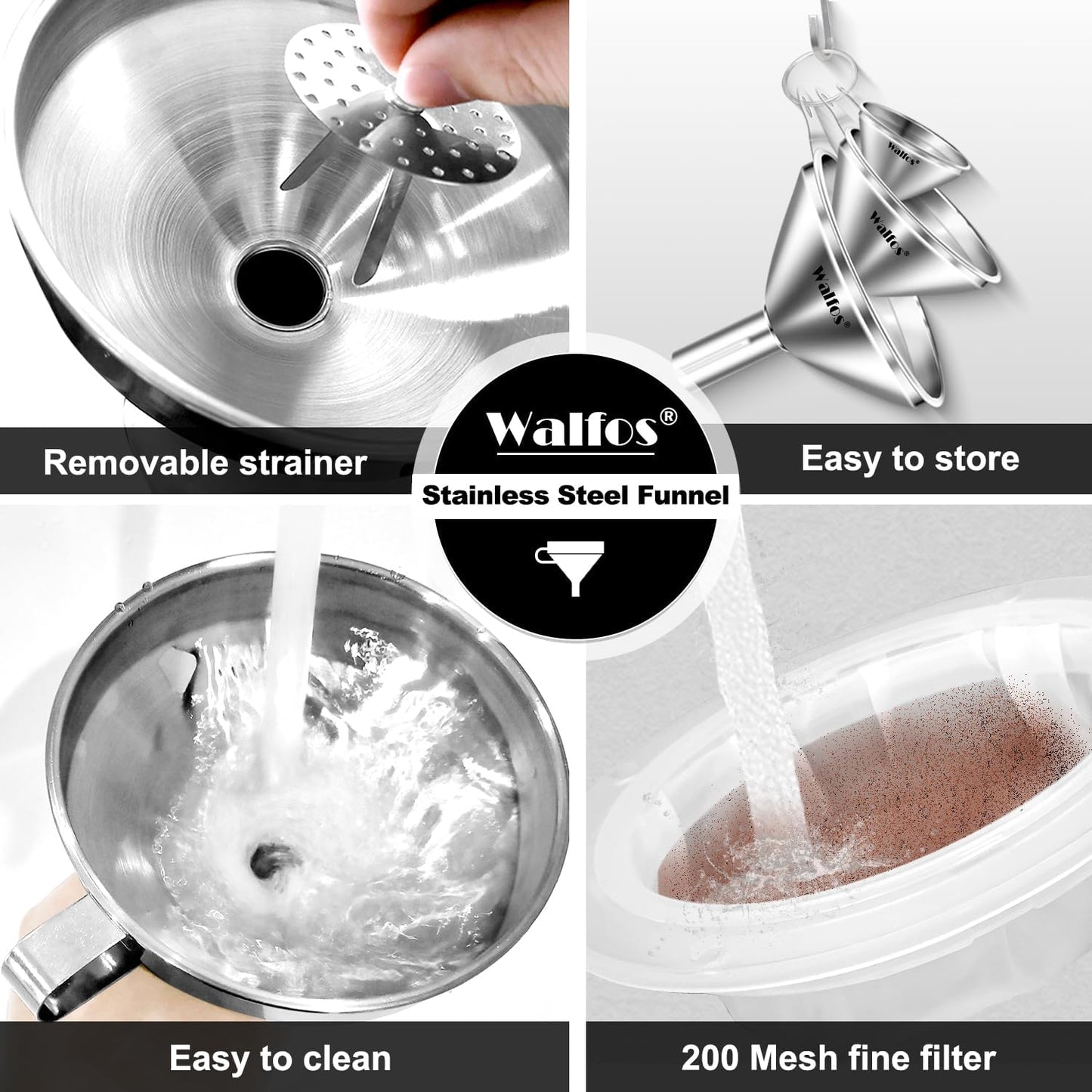 Stainless Steel Funnel, Walfos 6 Different Sizes of Kitchen funnels with 2 Removable Strainer ＆