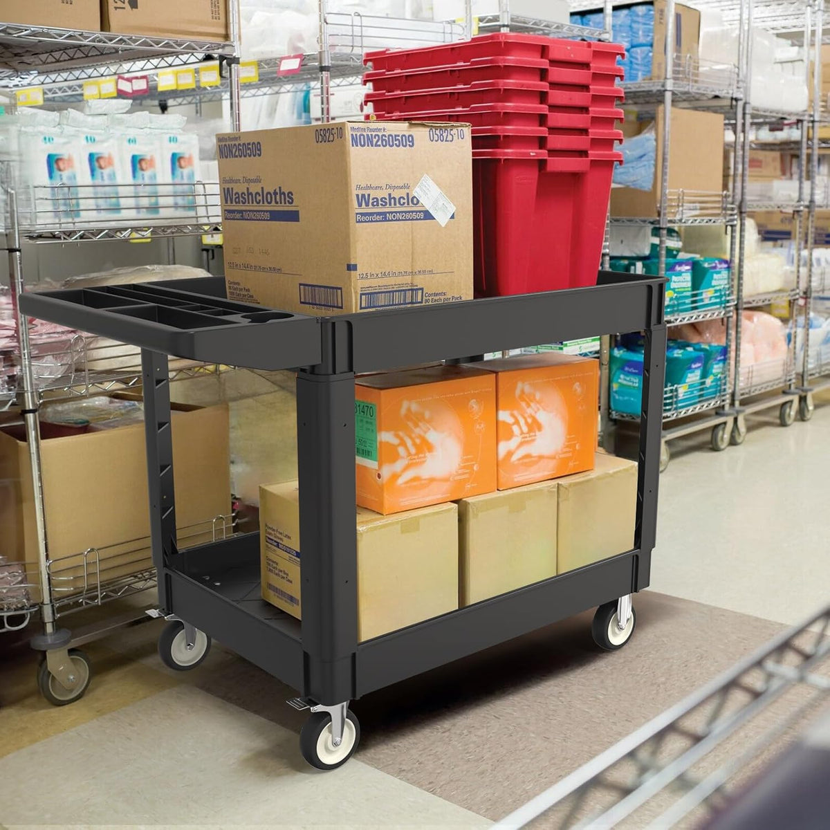 Utility Cart on Wheels, 1000 lbs Capacity Rolling Service Cart, 45 x 25 Inch Work Carts, 2 Shelf