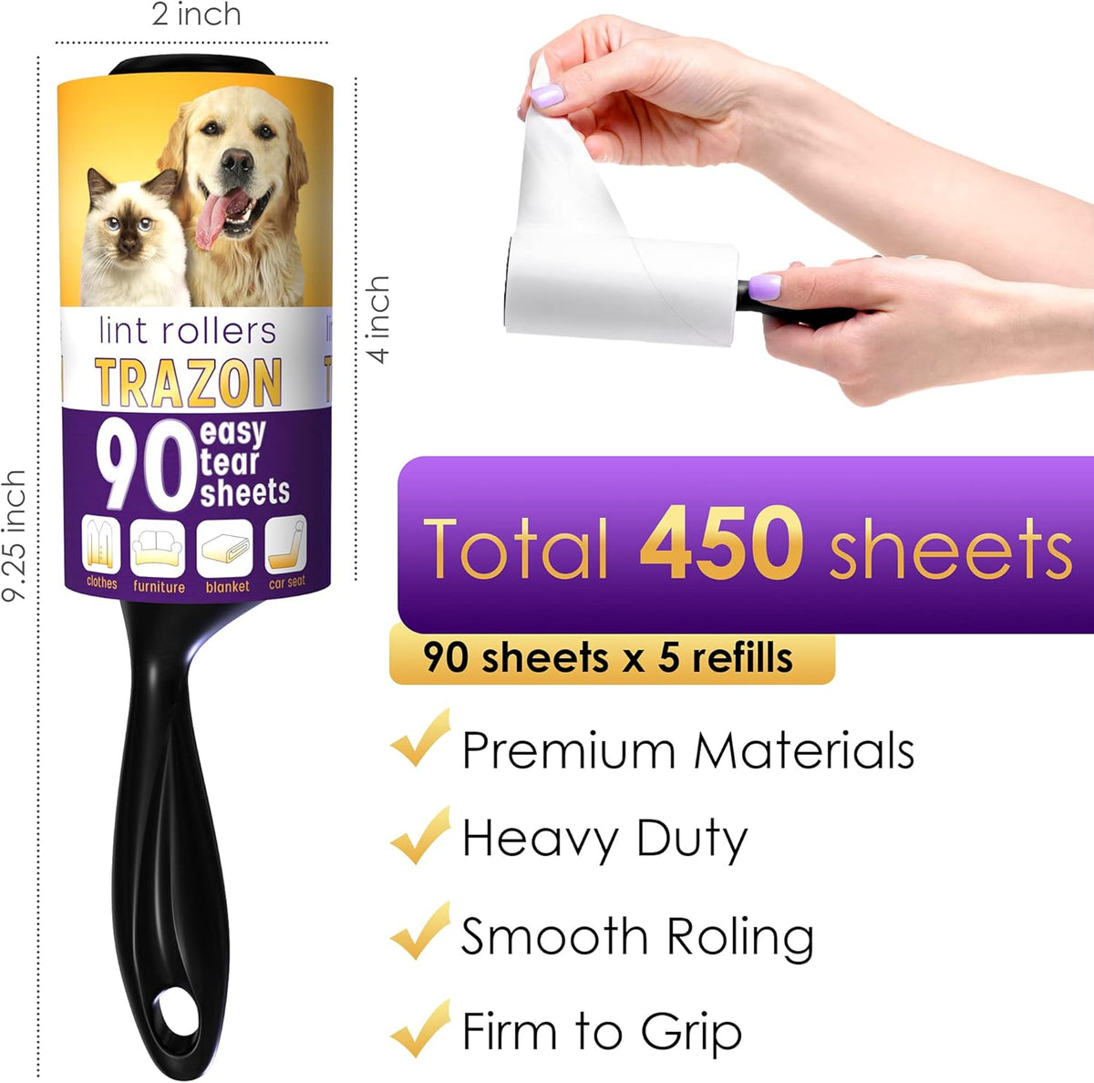 Lint Rollers Value Pack of 450 Sheets / 5 Refills, Sticky Roller, Lint Remover for Dog, Cat, Pet