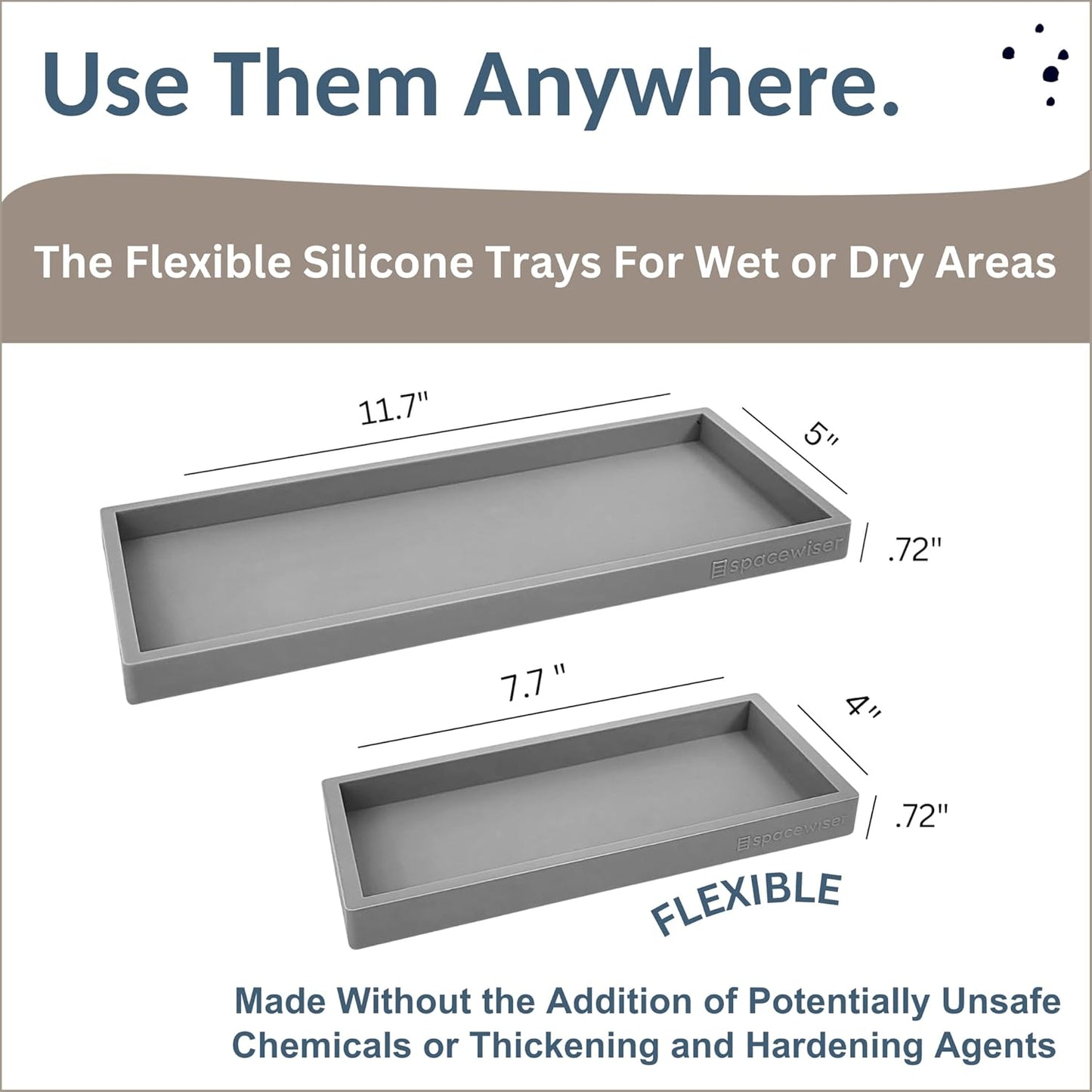 Countertop and Vanity Tray - 2 PC (11” and 7”) Shatterproof Silicone Kitchen and Bathroom Trays for