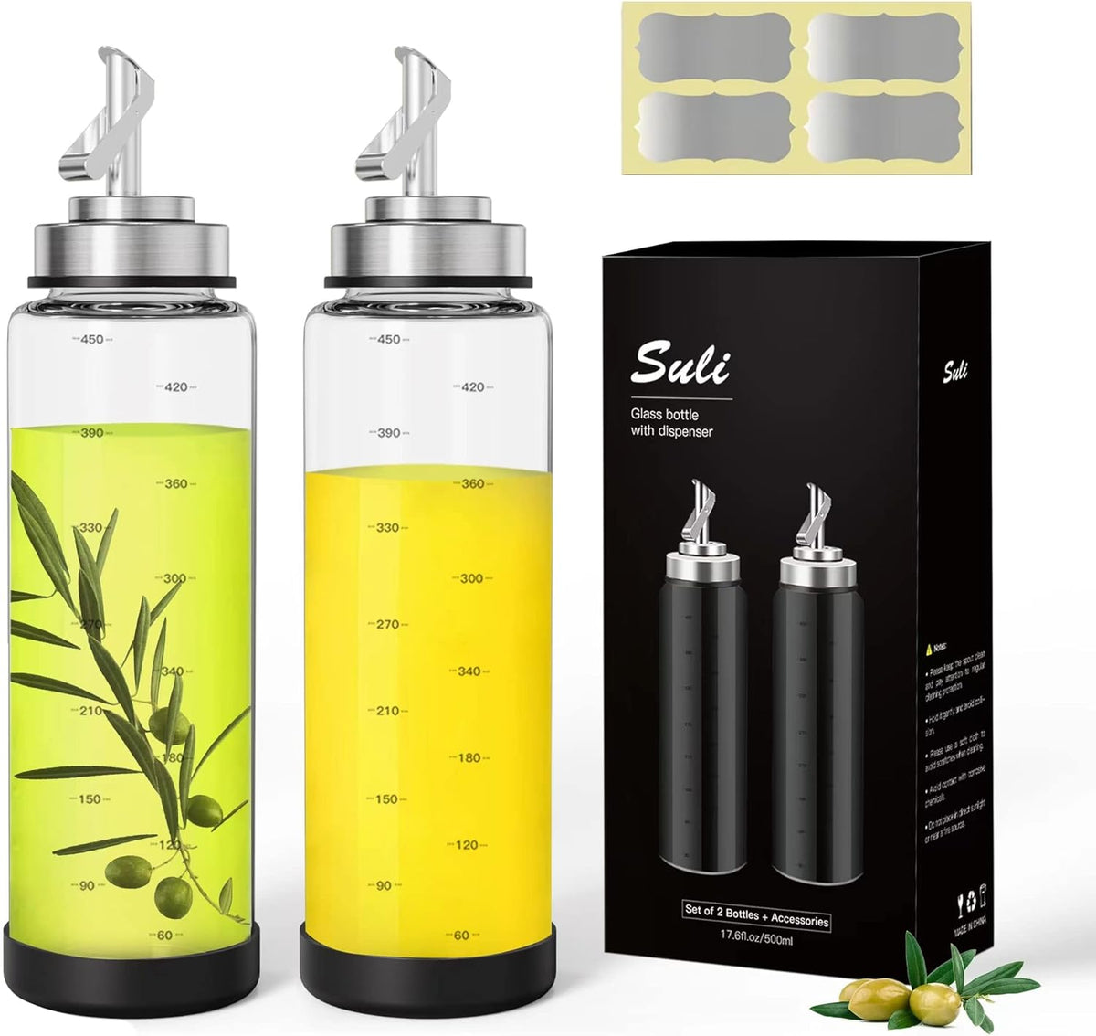 Suli Glass Olive Oil Dispenser Bottle -2 Pack17oz Oil and Vinegar Cruet Set with Steel Spouts and