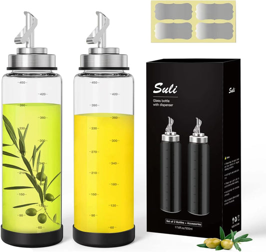 Suli Glass Olive Oil Dispenser Bottle -2 Pack17oz Oil and Vinegar Cruet Set with Steel Spouts and