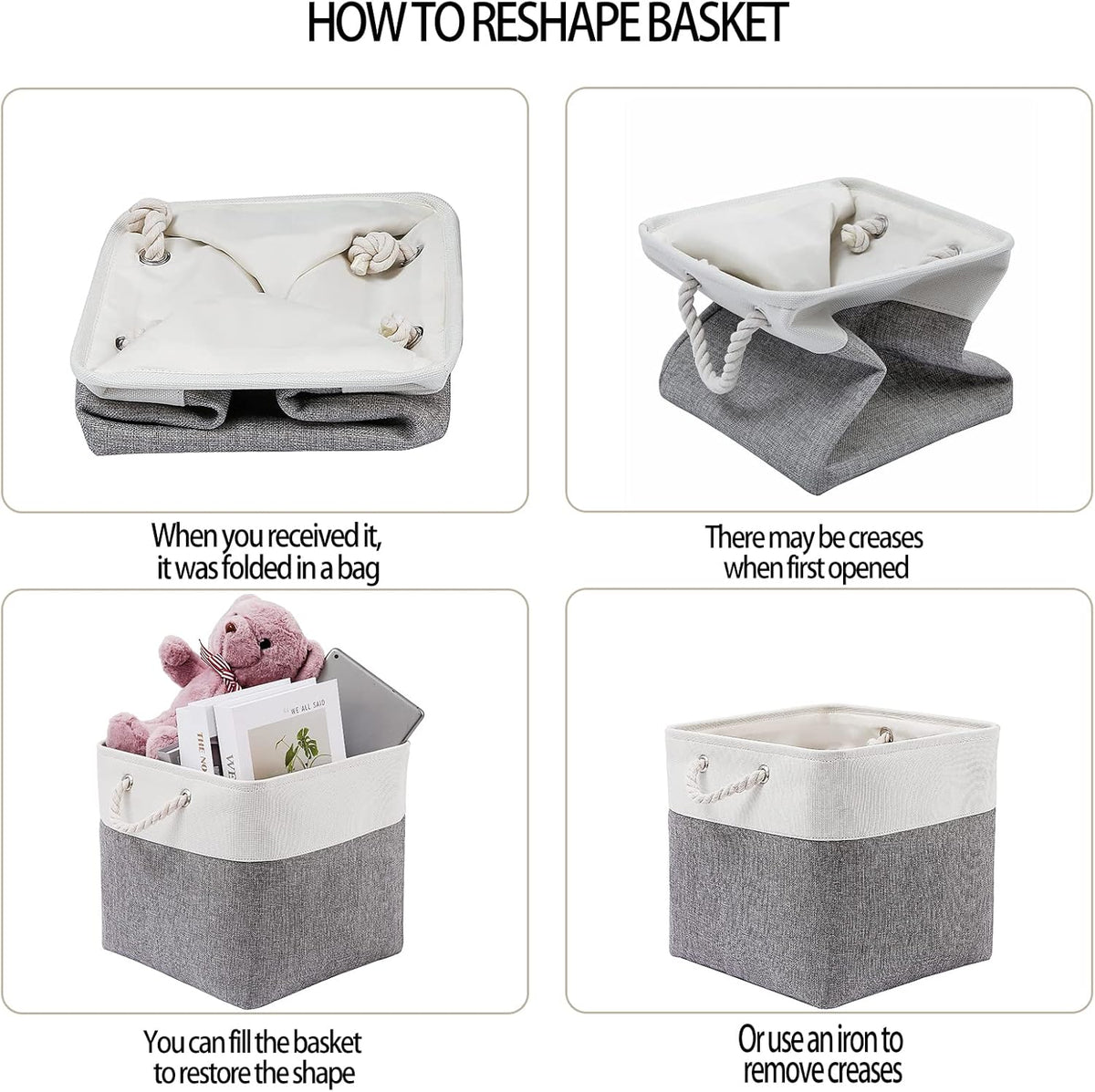 13 x 13 Inch Cube Storage Bins, 4 Pack Large Collapsible Fabric Storage Bin with Ropes, Foldable