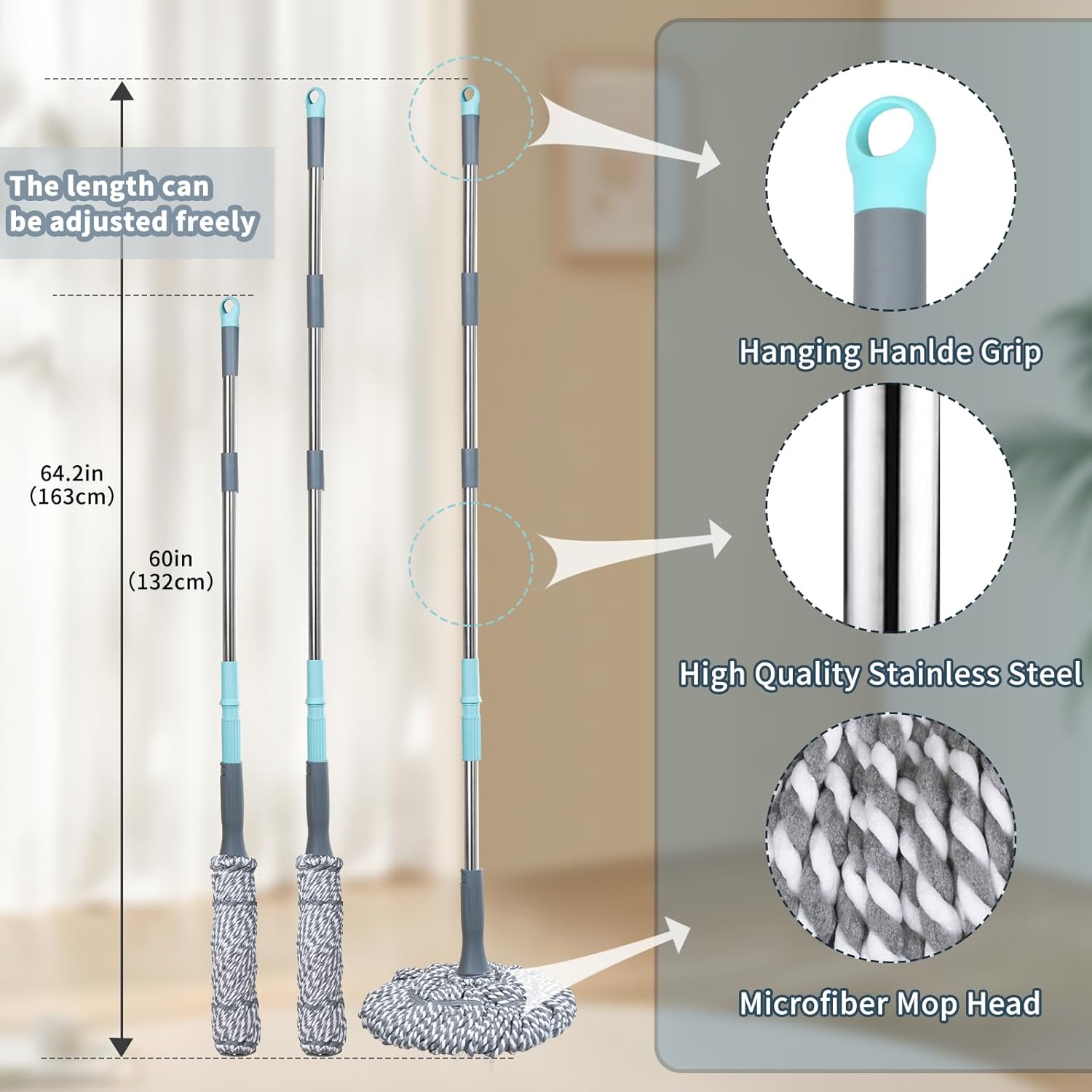 Self-Wringing Twist Mop for Floor Cleaning, Long Handled Microfiber Floor Mop with Top Scouring Pad