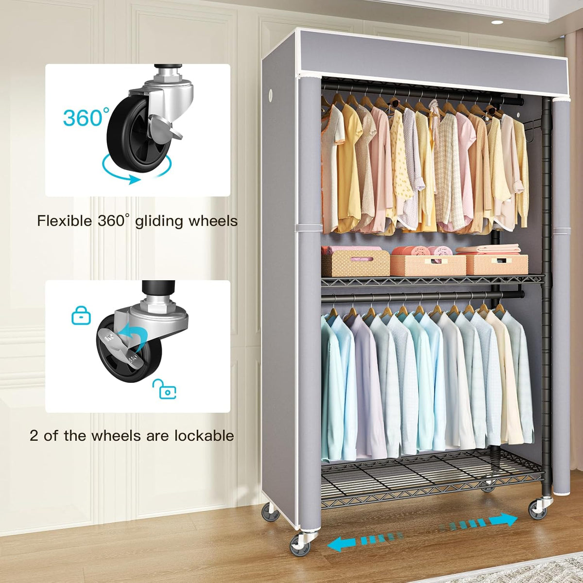 FUTASSI Black Clothing Rack with Grey Cover, P1C Rolling Closets with Wheels, Metal Garment Rack