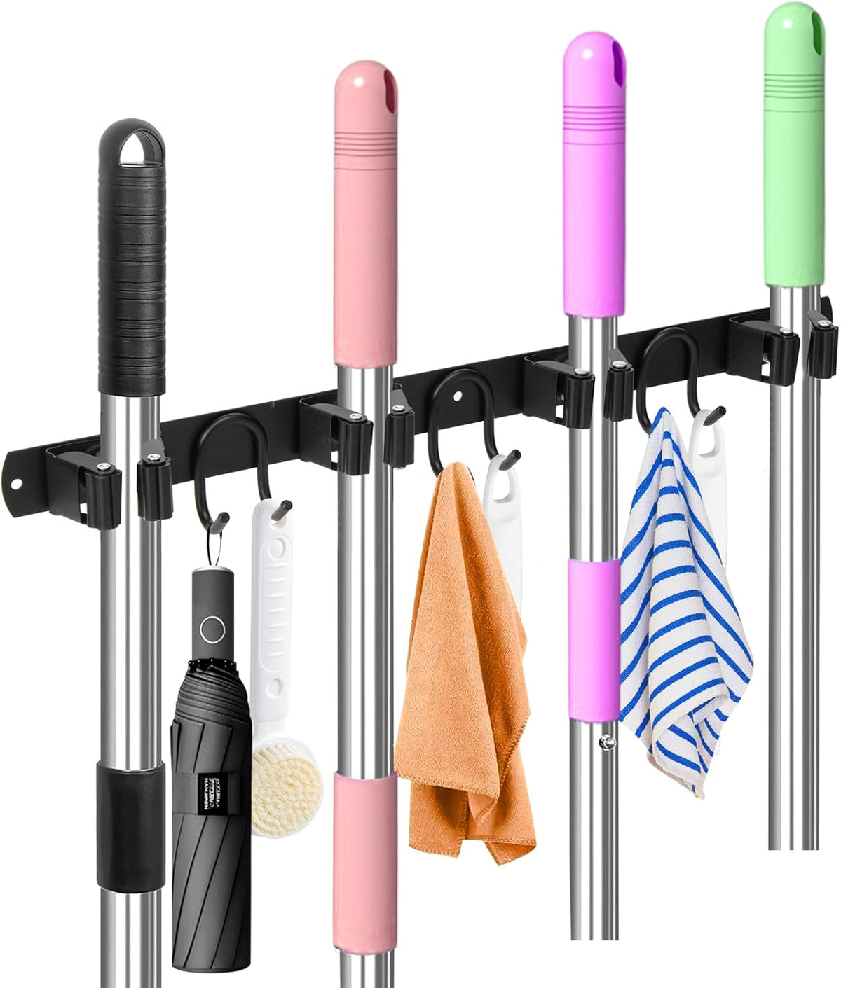 Mop Broom Holder Wall Mount, Black Stainless Steel Tool Storage Organizer for Kitchen Garden Garage