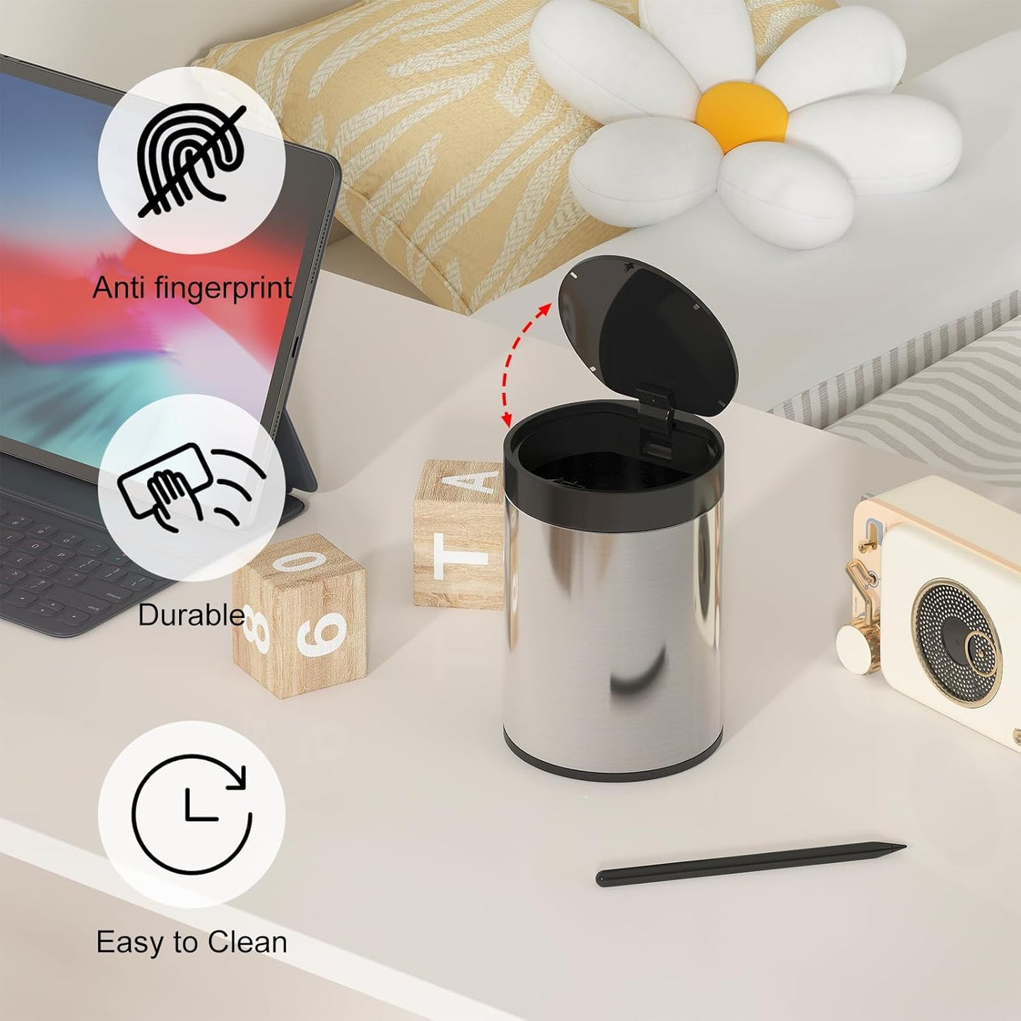 Mini Trash Can for Desk 0.4 Gallon,1.5L Stainless Steel mini Desk Trash can with Lid,Tiny Trash Can