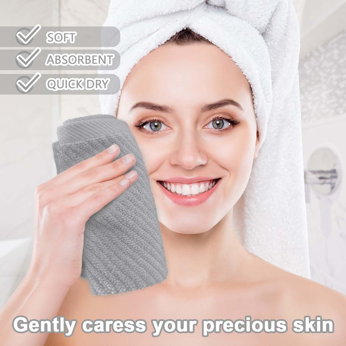 VOOVA & MOVAS Grey Washcloths 6PC (13"x13") - 100% Cotton | Lightweight | Thick | Quick Dry | Soft
