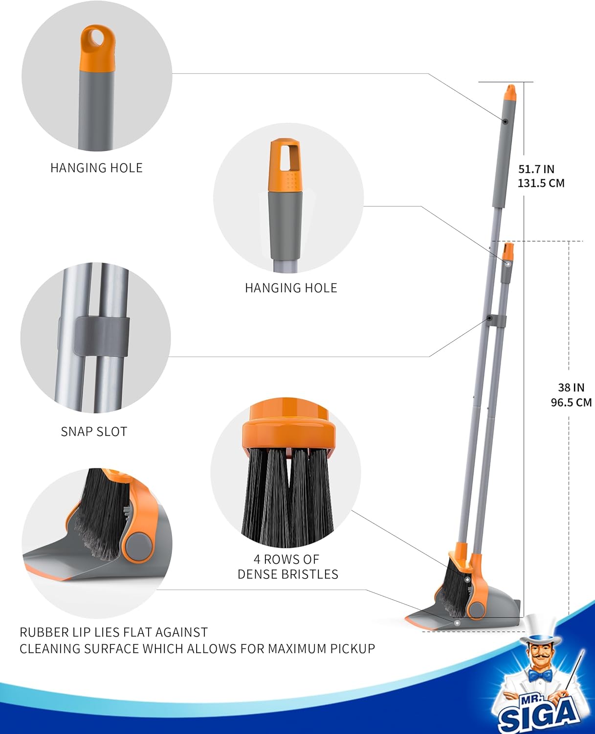 MR.SIGA Broom and Dustpan Set with Long Handle, Stand Upright Broom with Dustpan Combo for Cleaning