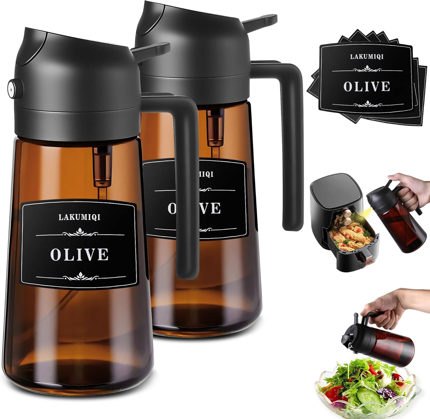 2-in-1 Glass Oil Dispenser & Sprayer - 16oz/470ml Leakproof Bottle for Cooking, Air Fryer, BBQ