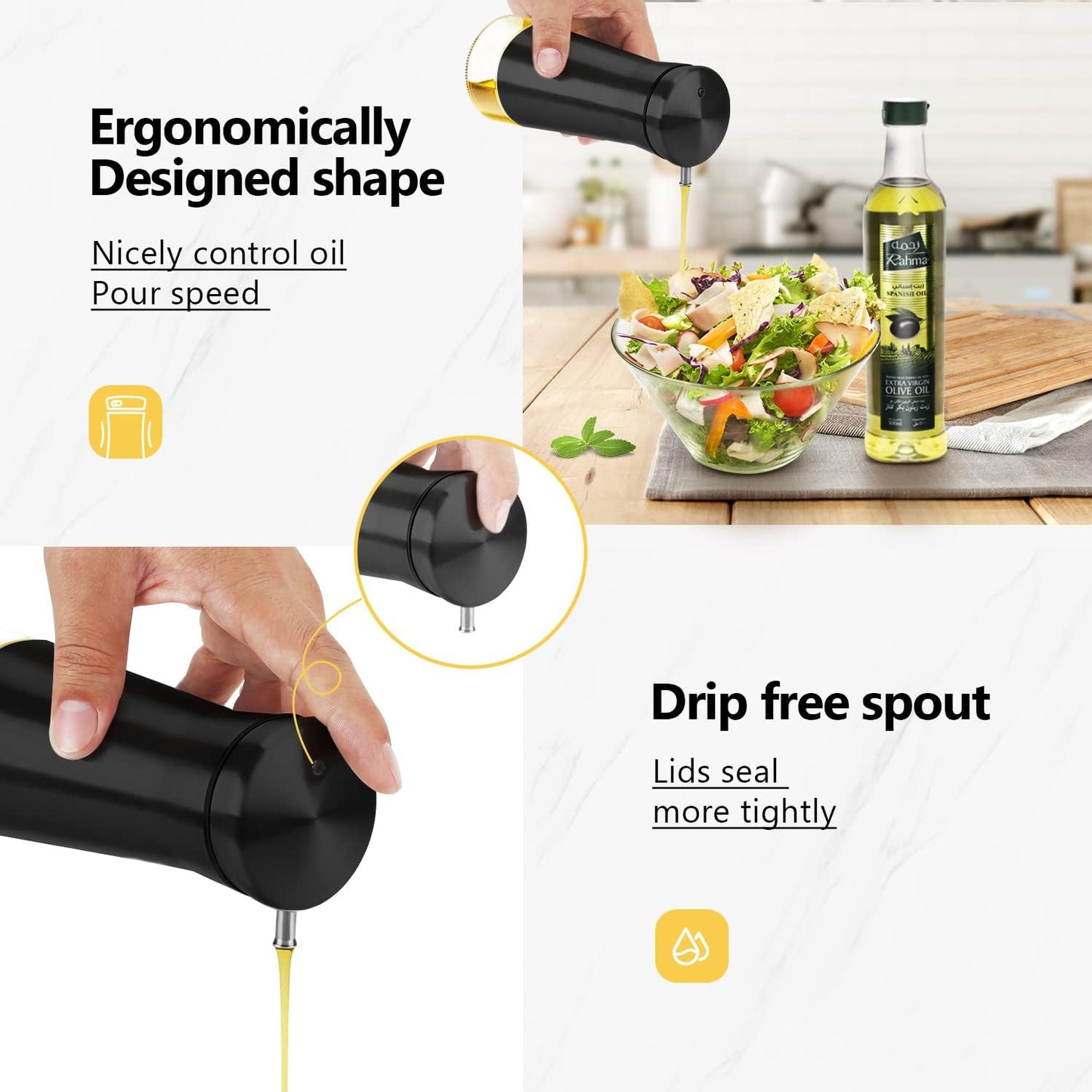 Aelga Black Oil And Vinegar Dispenser Set - 2 Pack Oil Dispenser Bottle for Kitchen with No-Drip