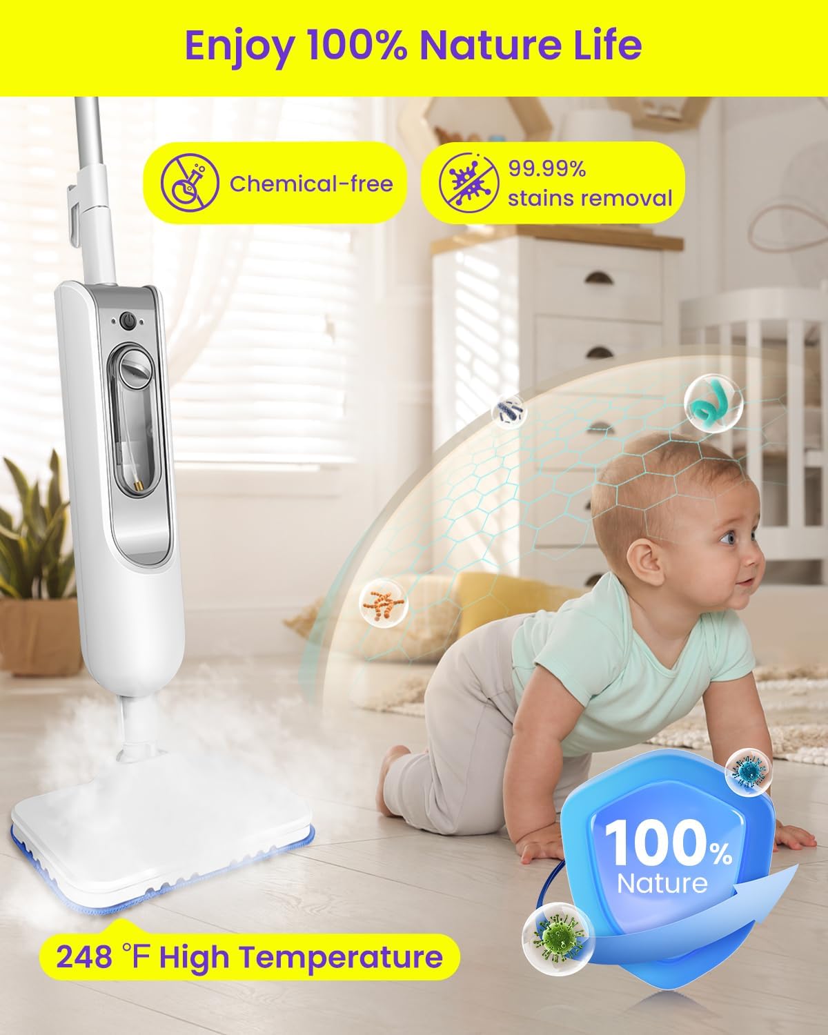 Steam Mop for Floor Cleaning, Effortless Ergonomic Design Floor Steamer for Hardwood and Tile