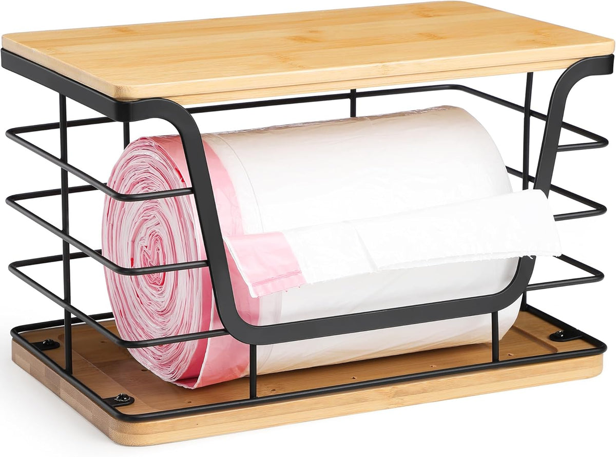 ALOCEO Extra Large Trash Bag Dispenser With Bamboo Top, Stainless Steel Stackable Garbage Bag