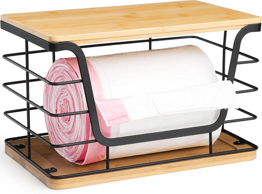 ALOCEO Extra Large Trash Bag Dispenser With Bamboo Top, Stainless Steel Stackable Garbage Bag