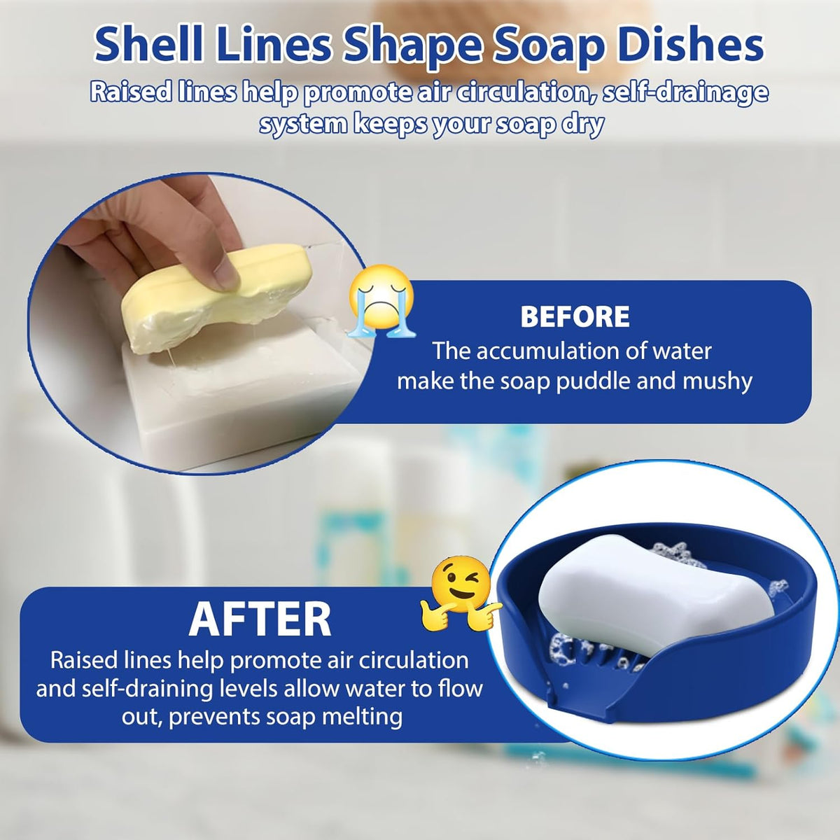 Self Draining Soap Dish, Silicone Suction Cup Soap Holder Tray Savers Container Sponge Holder for