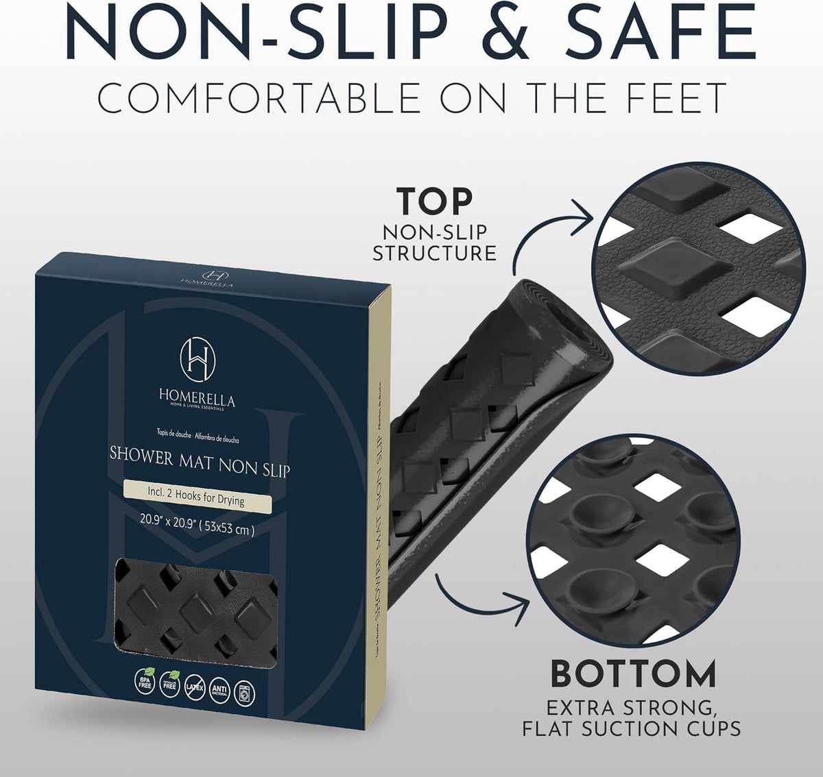 Homerella Anti Slip Shower Mat | Anti Mold Non Slip Bathtub Mat for Inside Shower | Square Floor