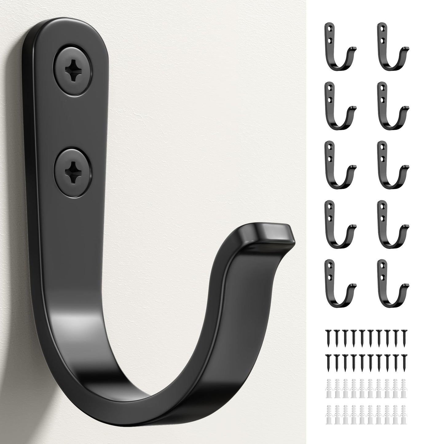 10Pcs Wall Hooks, Black Metal Coat and Towel Hooks, Holds Up to 40 lbs