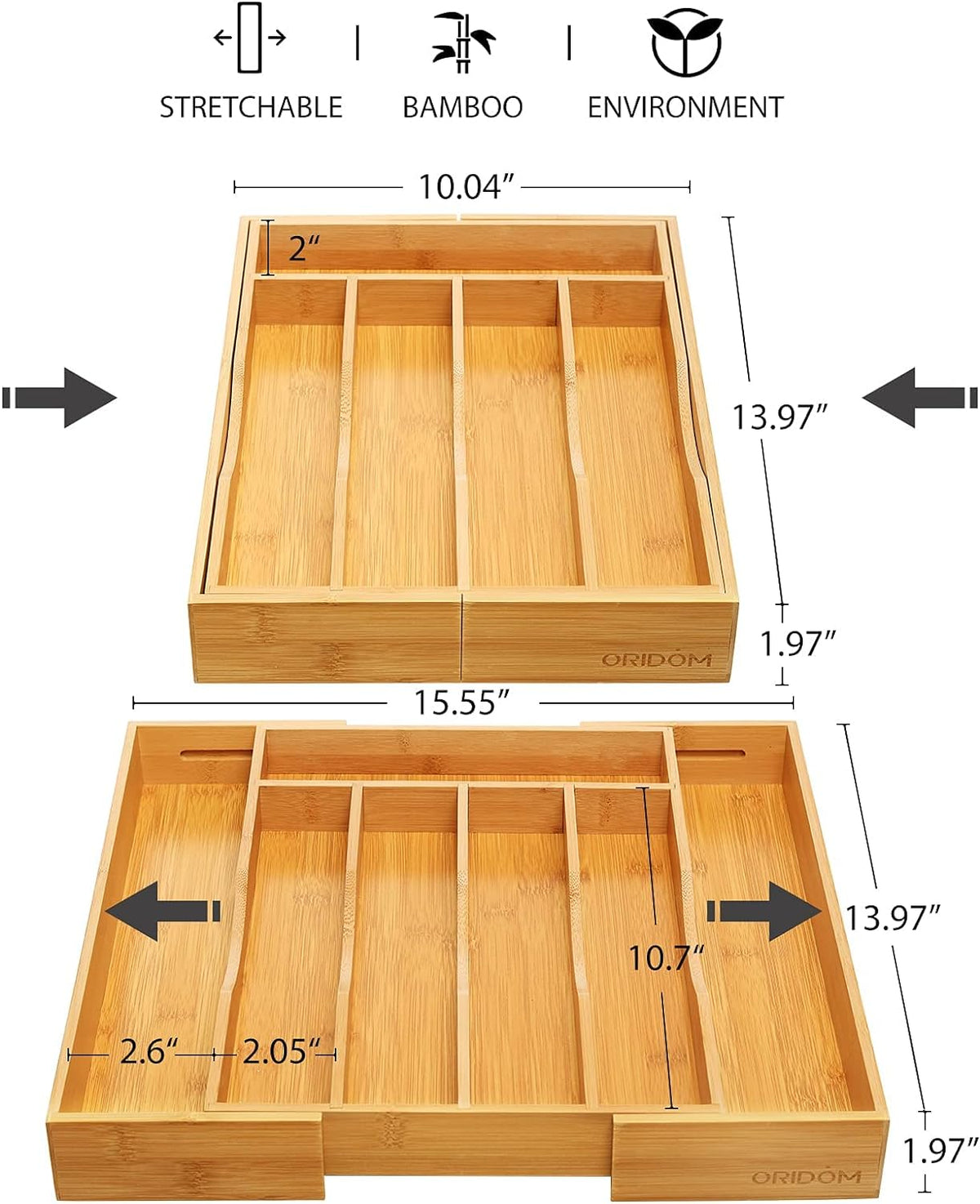 Expandable Bamboo Kitchen Drawer Organizer for Cutlery and Utensils, Adjustable Bamboo Wood Cutlery
