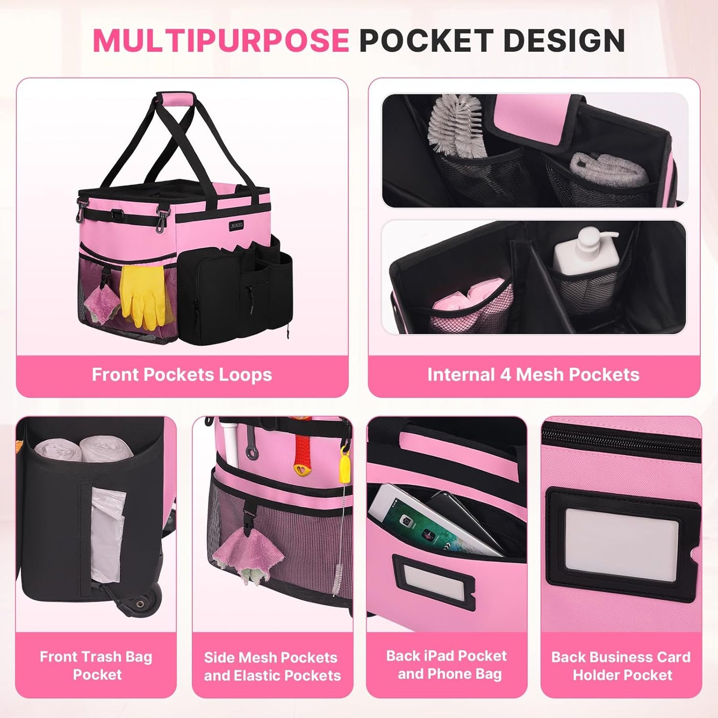 Large Rolling Cleaning Caddy Bag with Detachable Trolley, Waterproof Cleaning Caddy on Wheels for