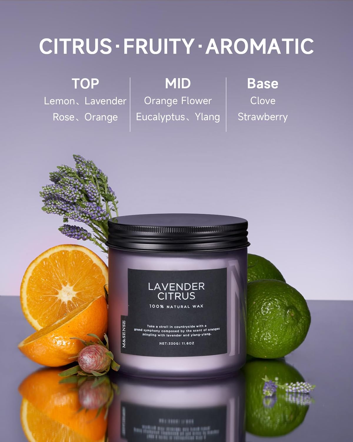 M&SENSE Soy Candles for Home Scented, 11.6oz Lavender Citrus Scent Aromatherapy 70H Burn Time