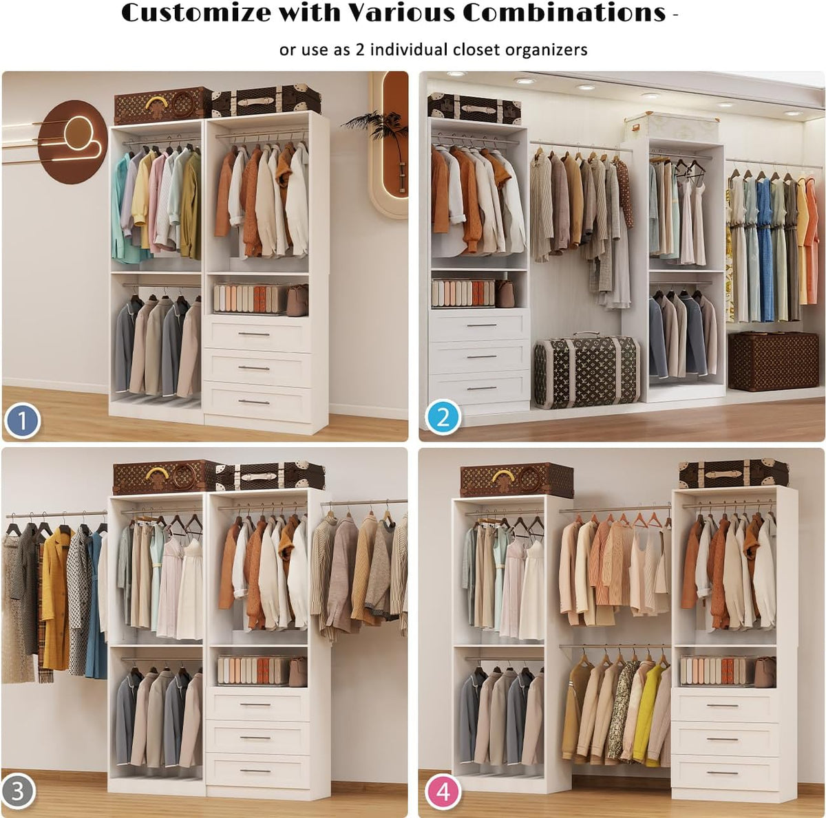 Closet System with 2 Sets, 4FT Closet Organizer Systems with 3 Wooden Drawers & 5 Hanging Rods
