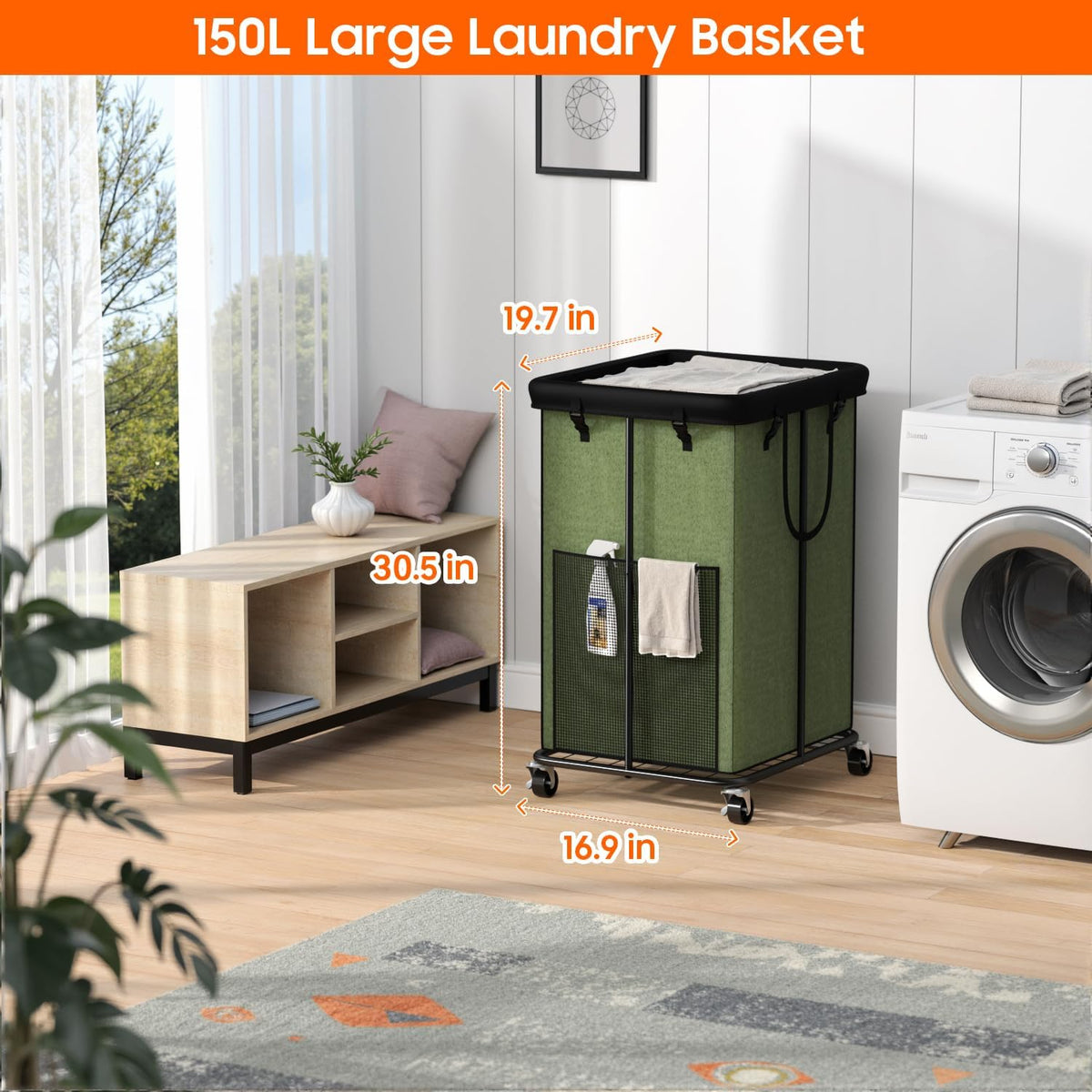 150L Laundry Hamper with Wheels, Rolling Laundry Basket with Metal Frame and Removable Bag, Large &