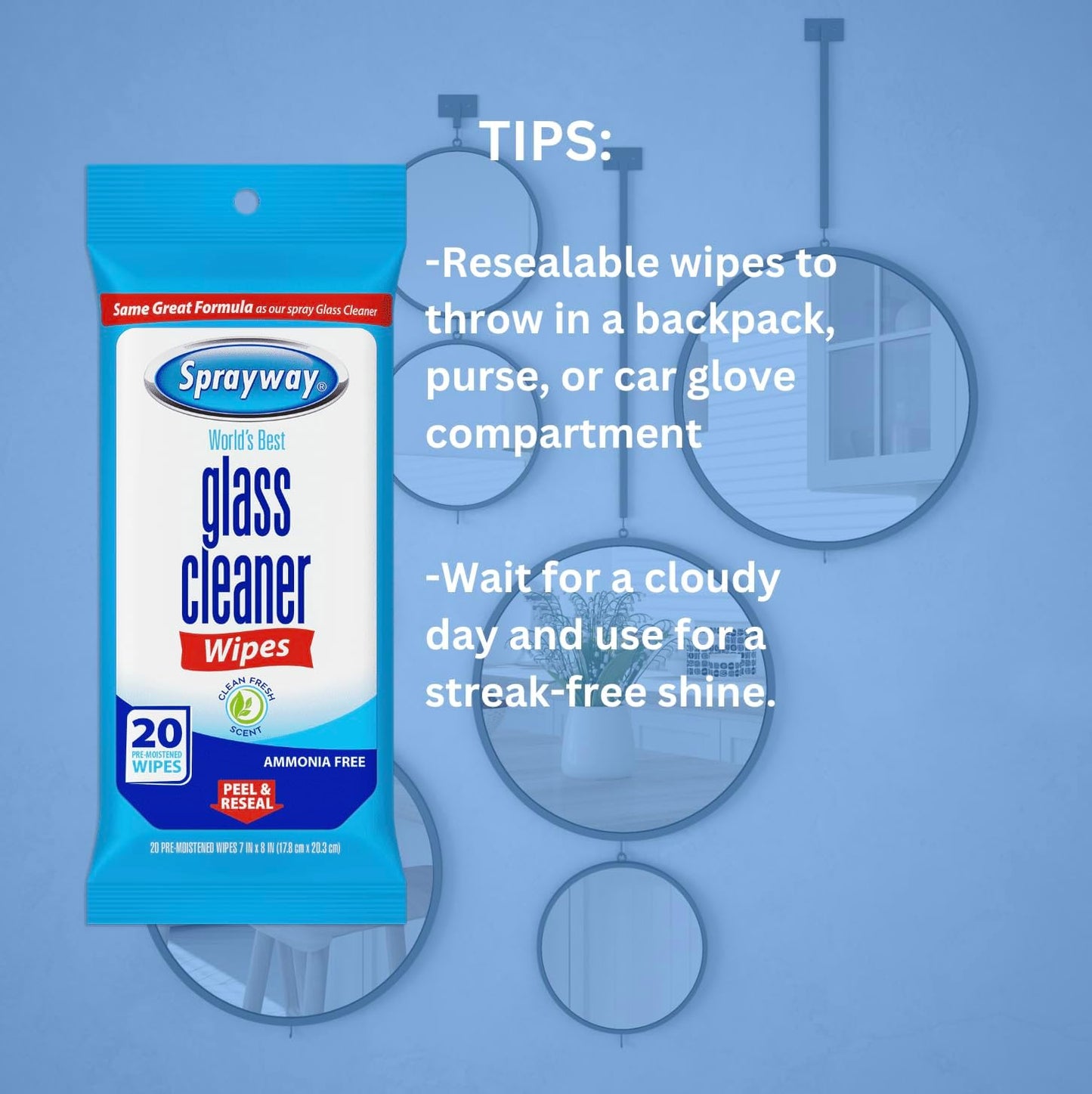 Sprayway Glass Cleaner Wipes, 20ct, Pack of 12, On-the-Go Resealable Package, Pre-Moistened