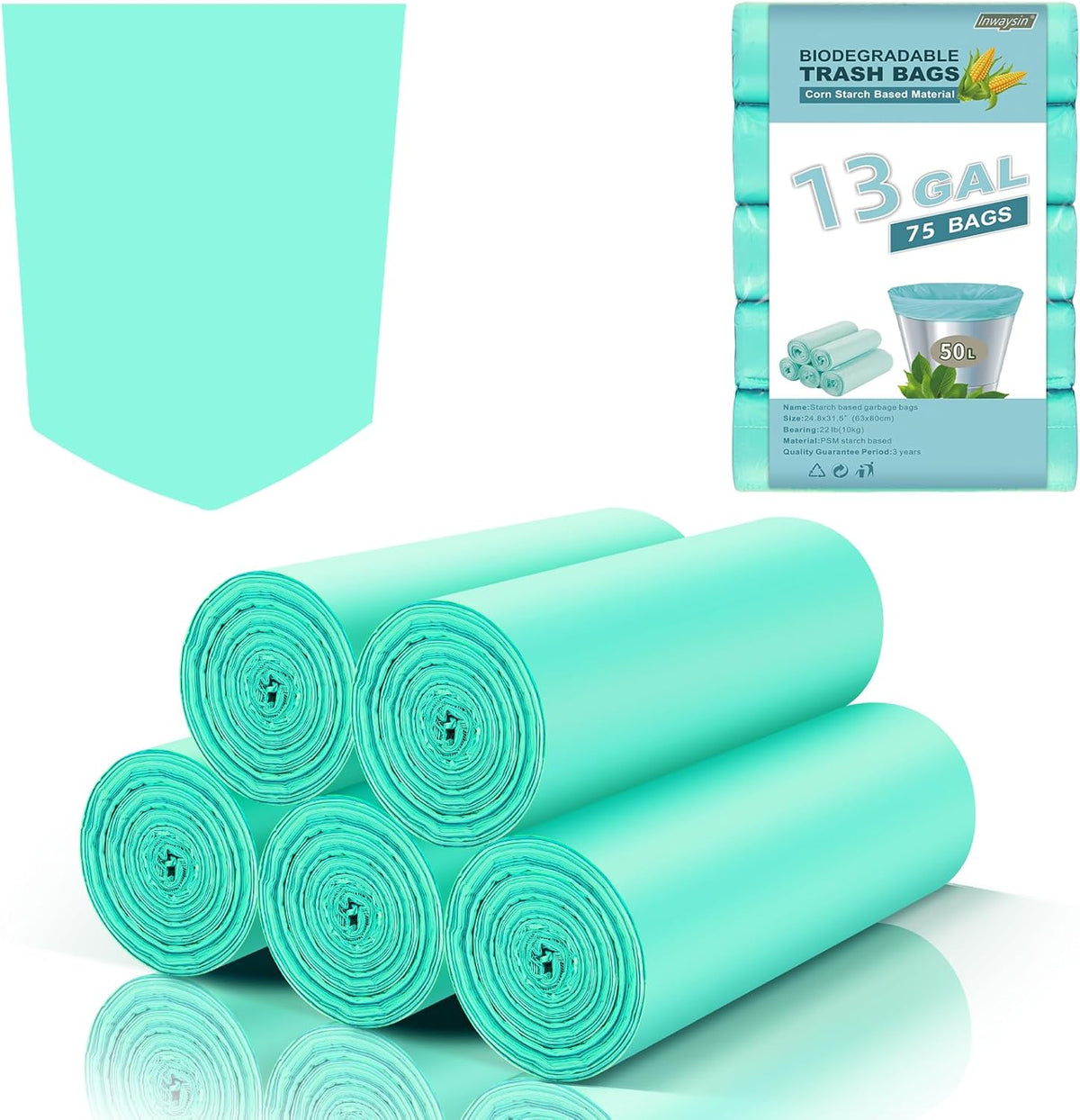 Biodegradable Trash Bags 13 Gallon Tall Kitchen - Inwaysin 75 Counts Large Unscented Compostable