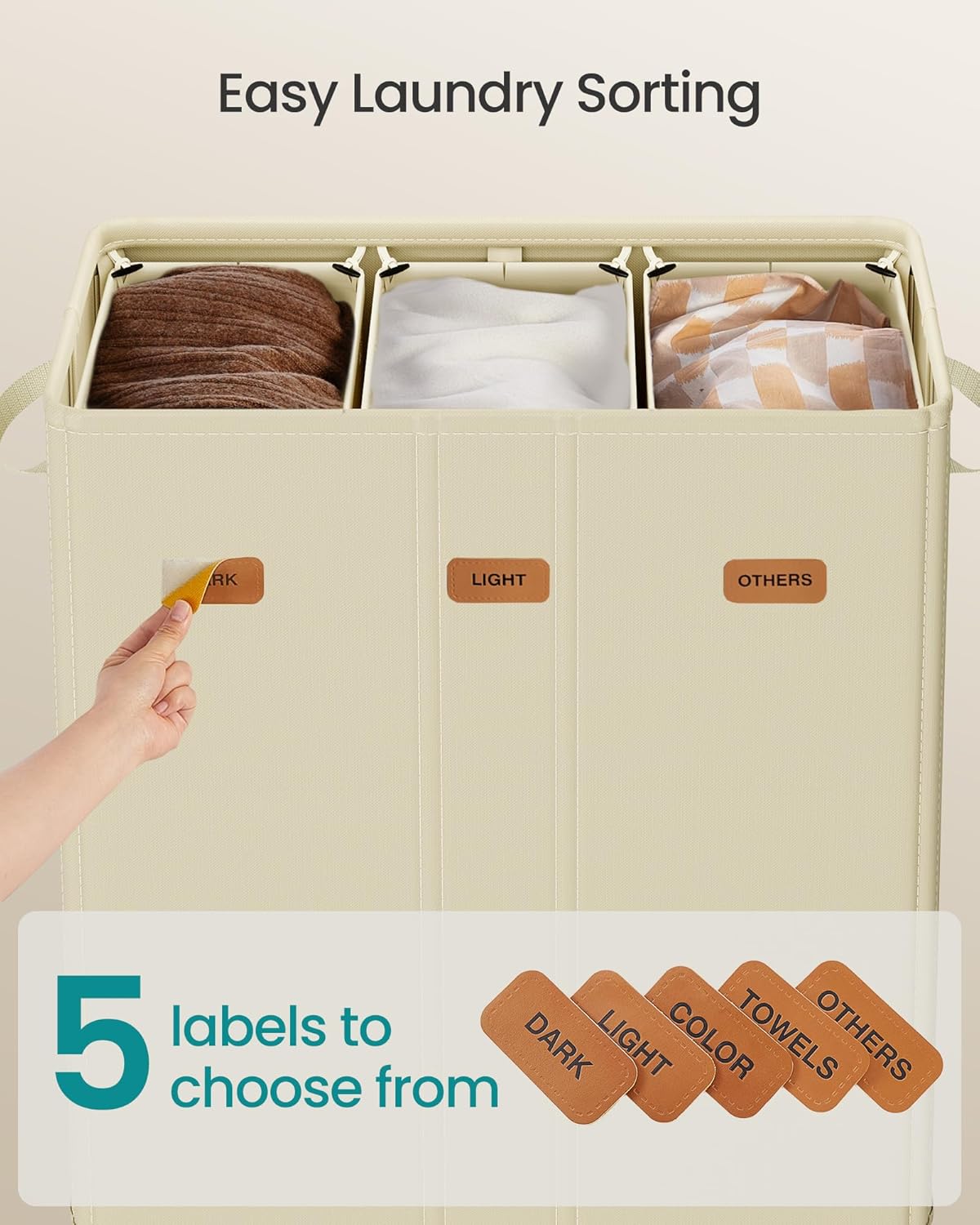 SONGMICS 42.2 Gallon (160 L) Laundry Hamper, 3-Compartment Laundry Basket Sorter with Lid, Labels