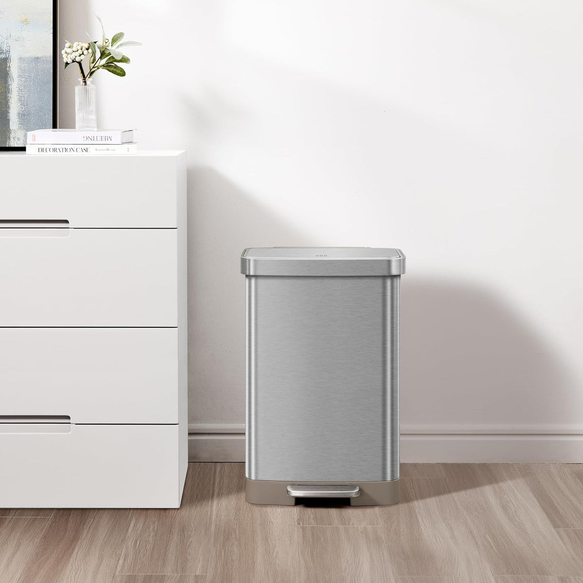 EKO Hudson Matte Stainless 50 Liter/13.2 Gallon Step Trash Can with Rear Trash Bag Storage